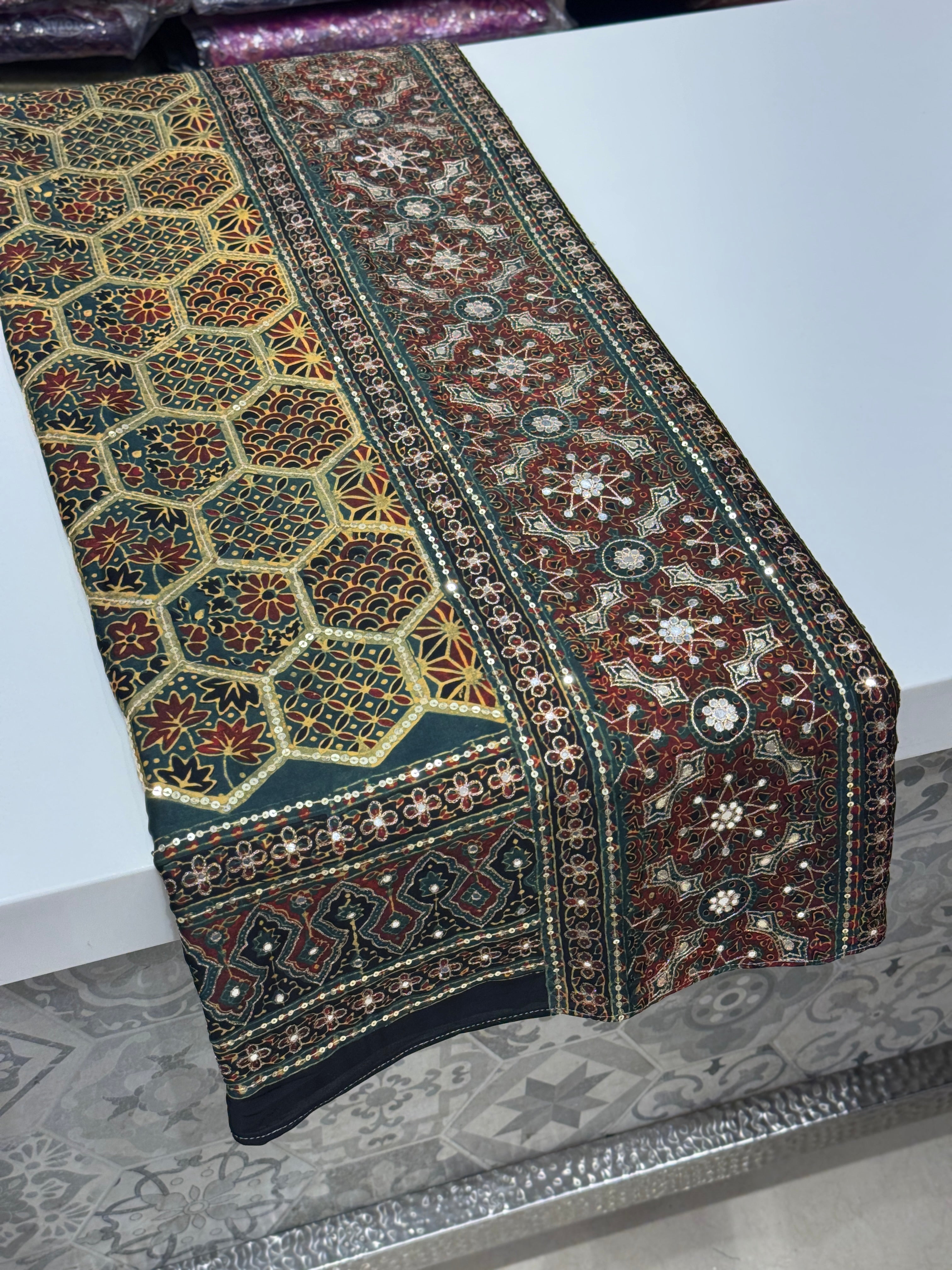 Mustard Rama Jaal Abstract Pita Sequin Ajrakh Hand Embroidery Saree