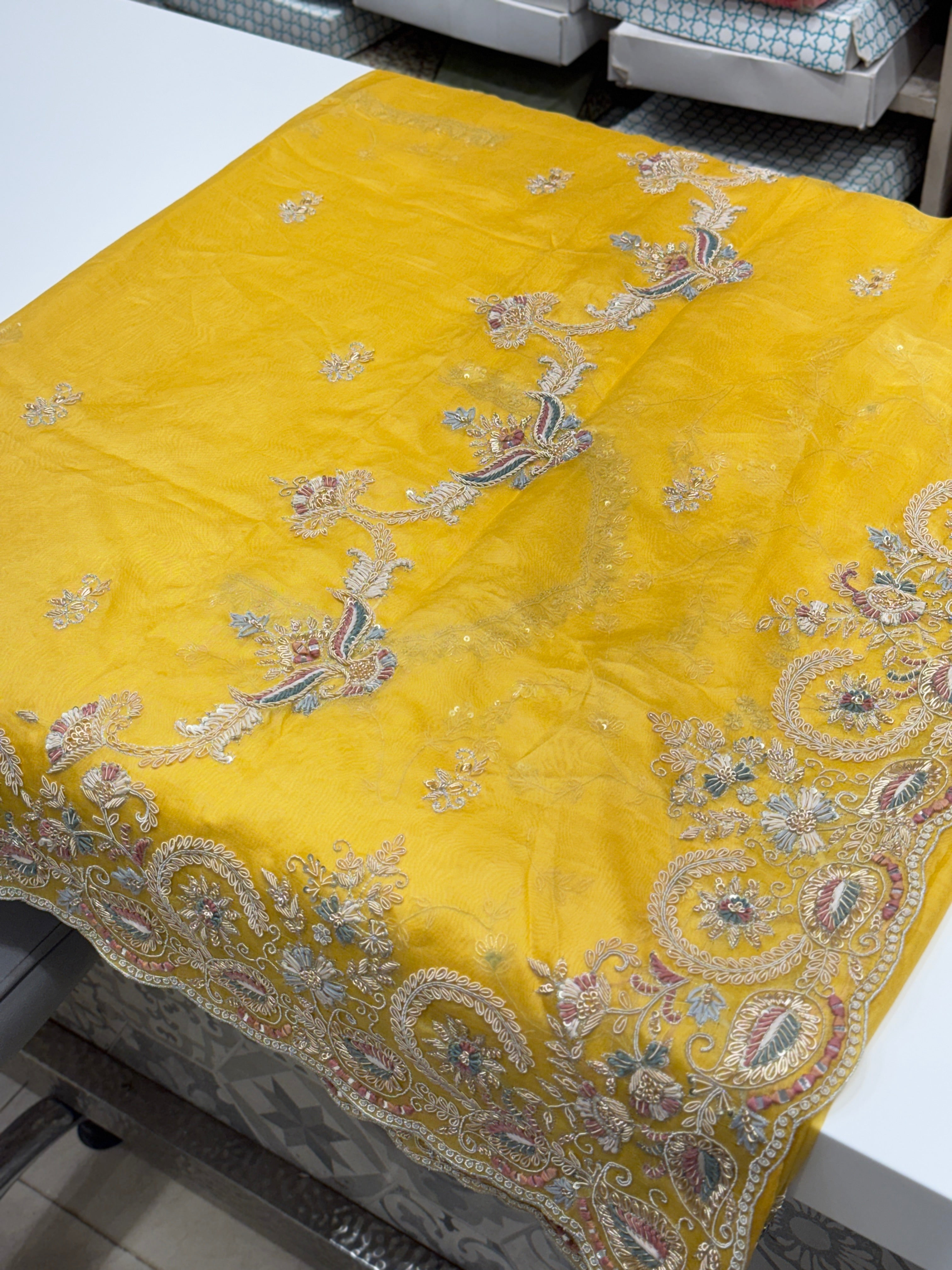 Yellow Organza Zardosi Resham Embroidery Saree