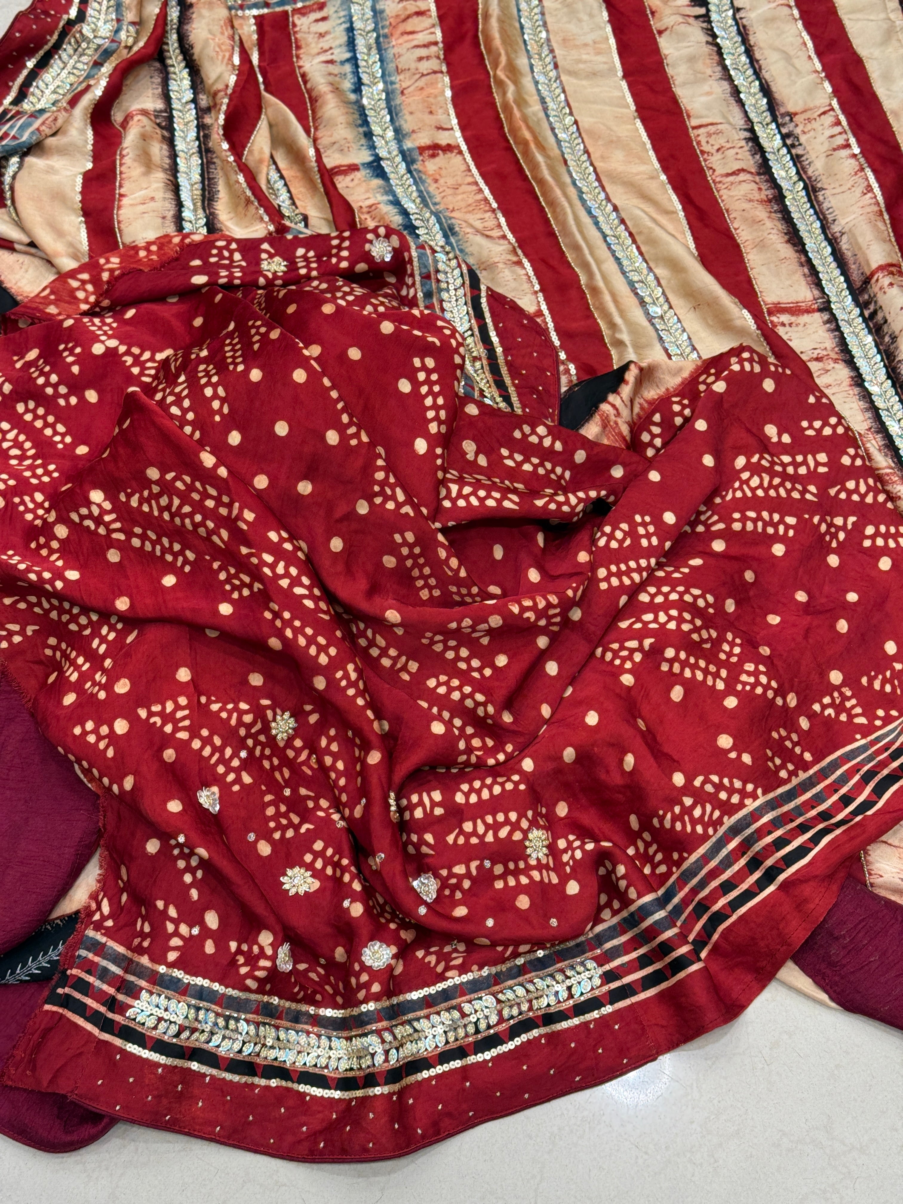 Ajrakh Hand Embroidery Zardosi Sequin Saree Contemporary
