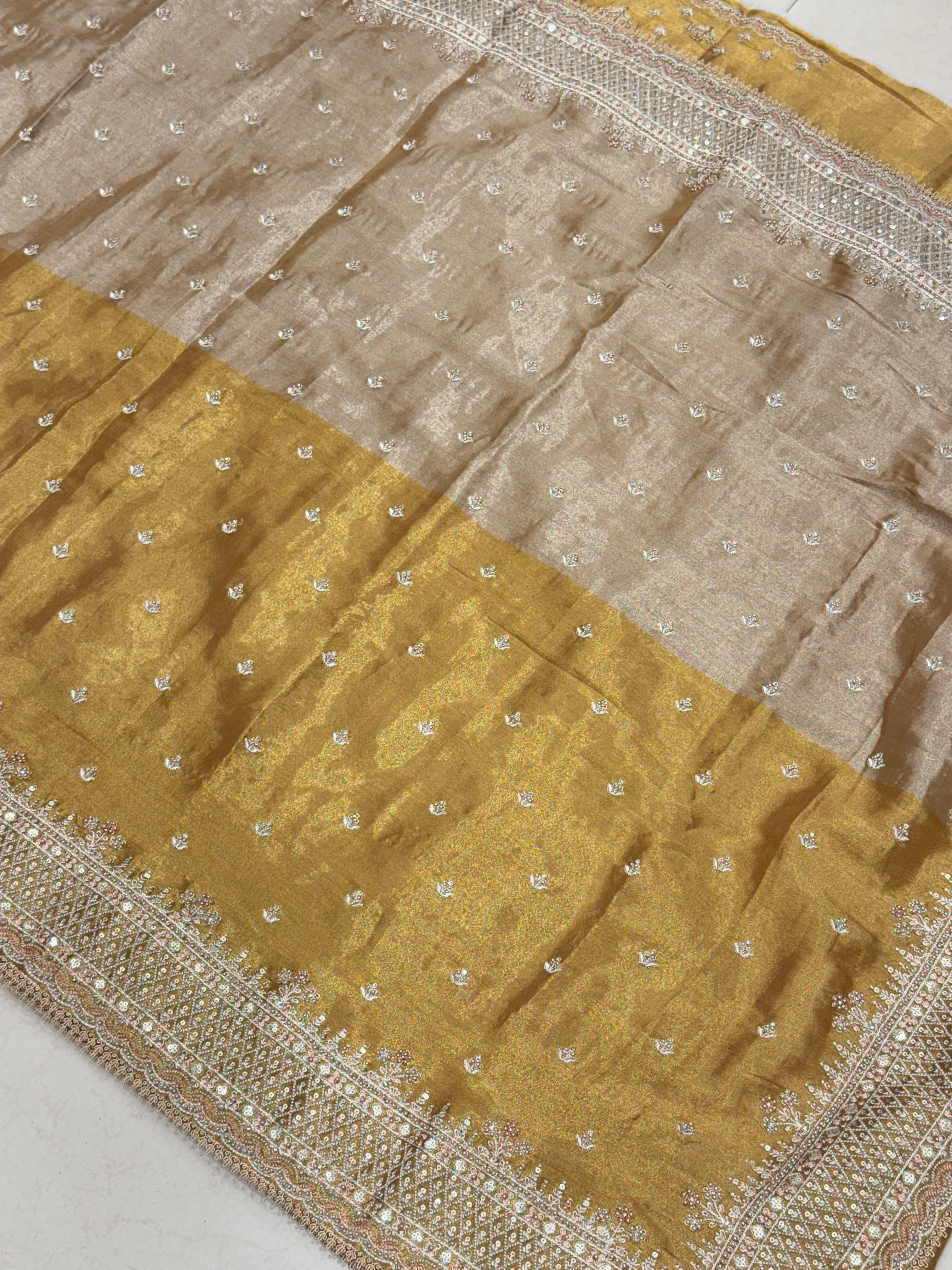 Golden Silver Soft Tissue Pita Embroidery Saree