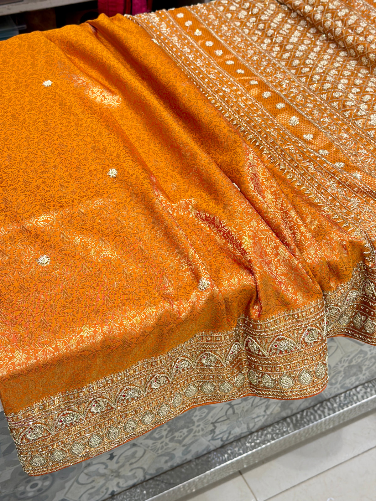 Rust Orange Kanjivaram Elephant Motifs Zardosi Hand Embroidery Saree