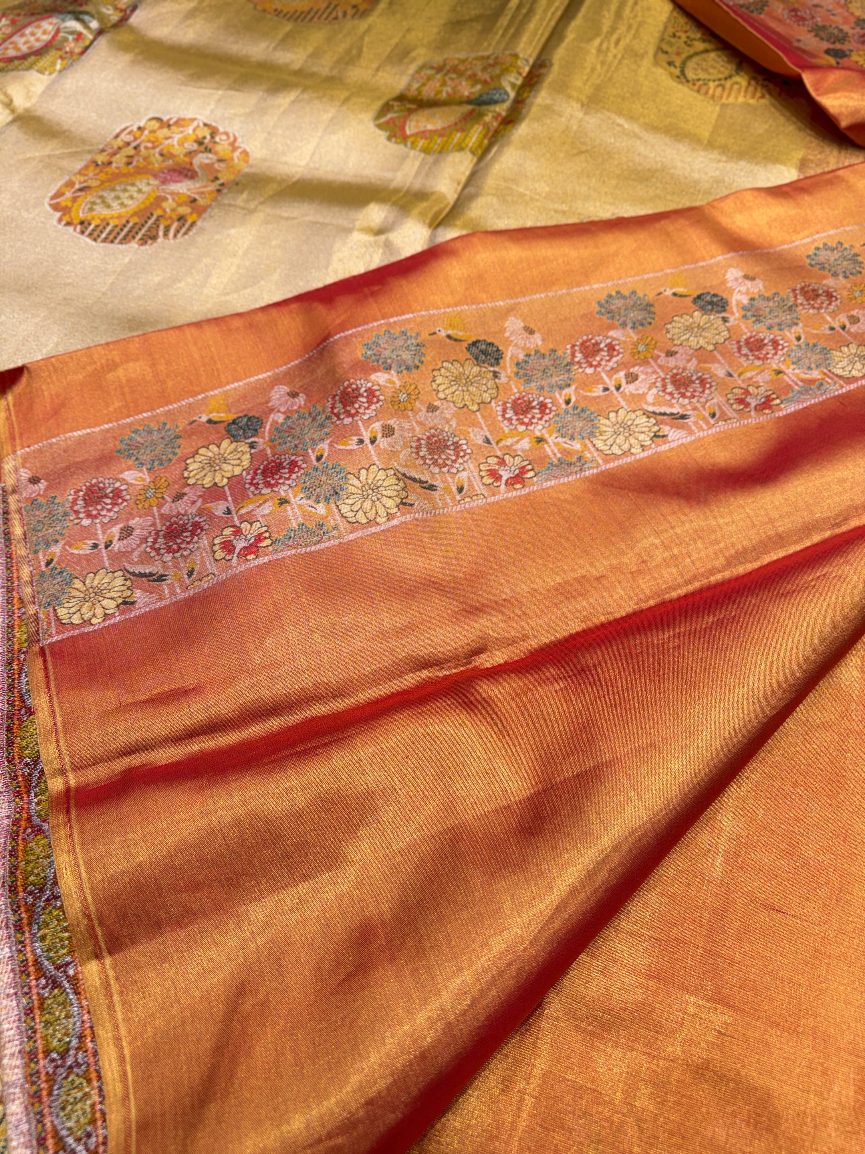 Rust Meenakari Peacock Motif Handloom Kanjivaram Tissue Silk Saree