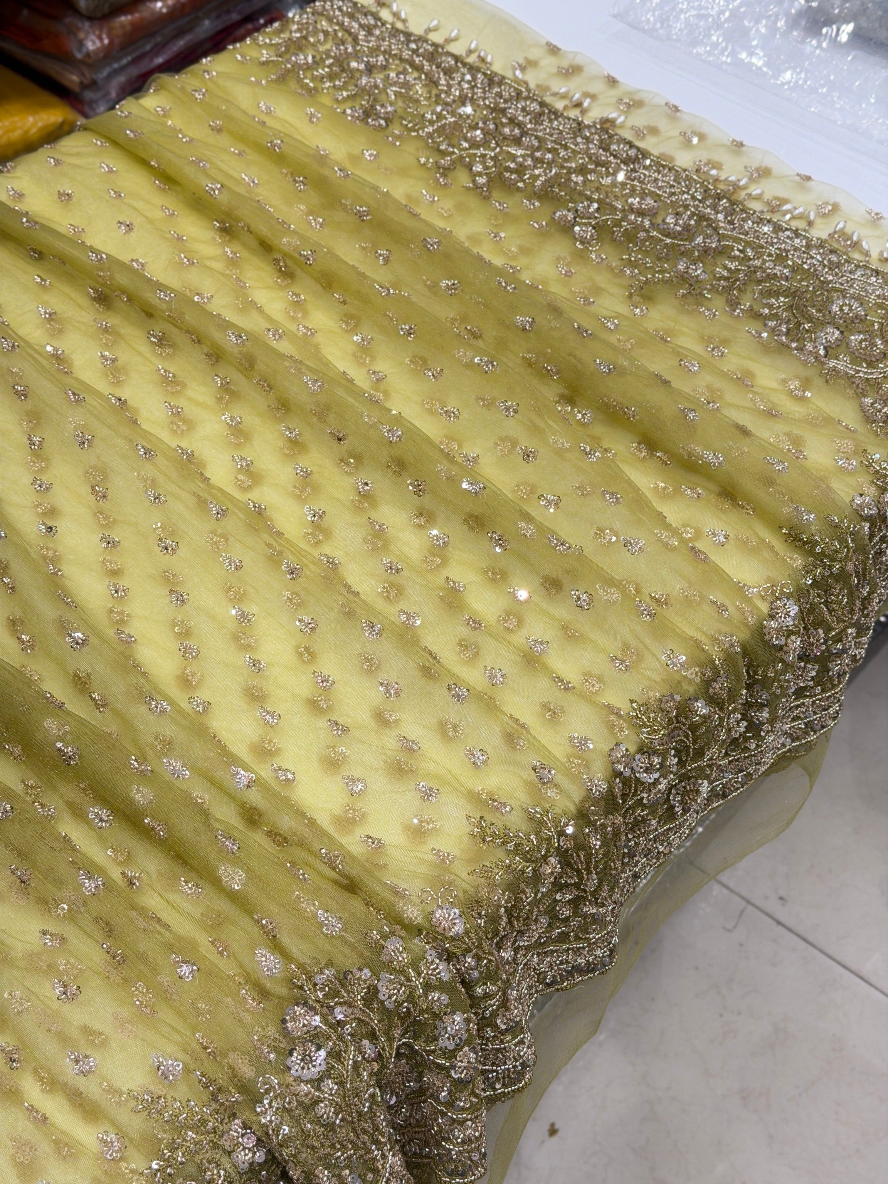 Lime Green Moti Sequin Ready Blouse Soft Net Embroidery Saree