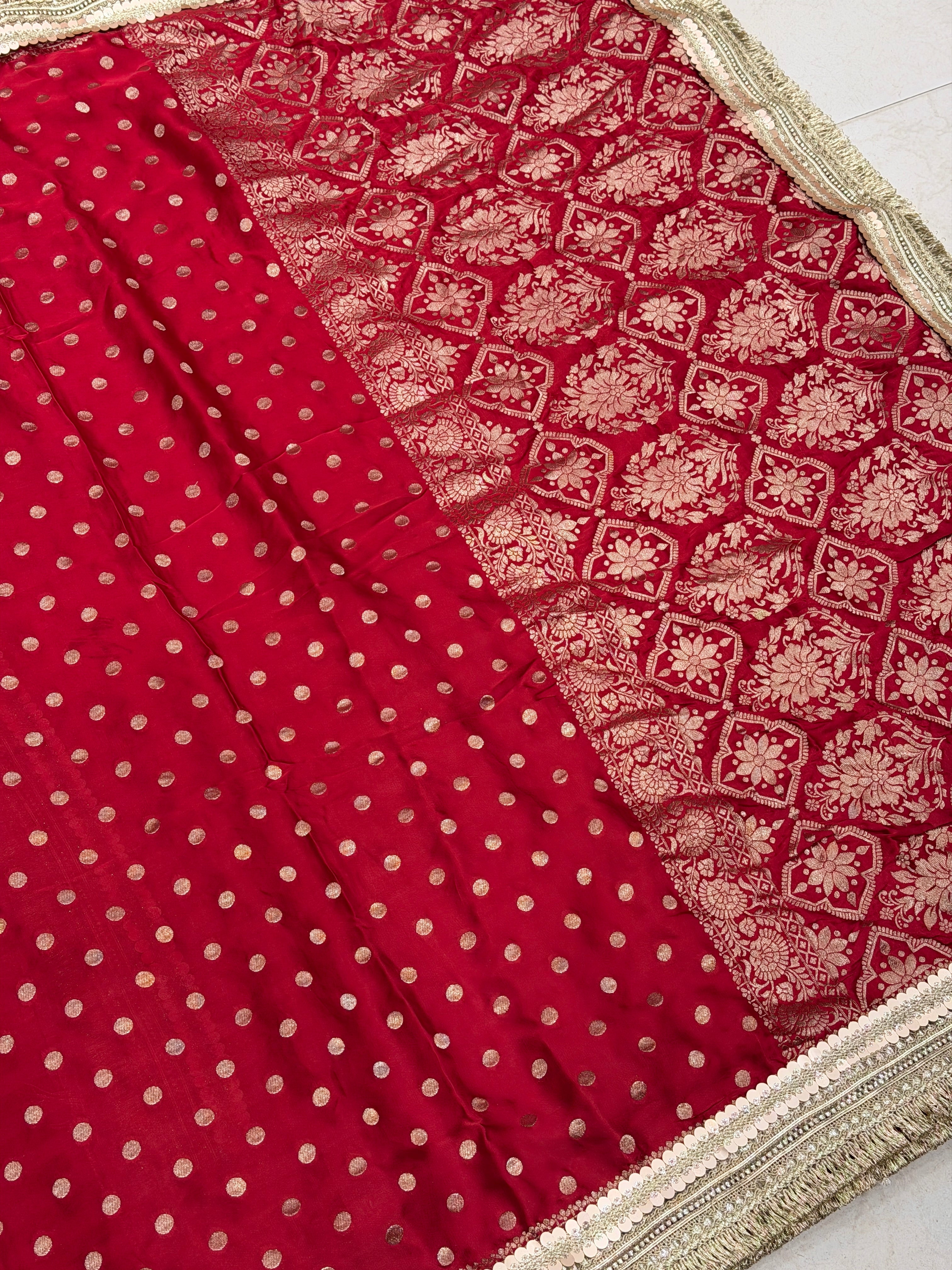 Red Polka Dot Satin Silk Maharani Lace Saree