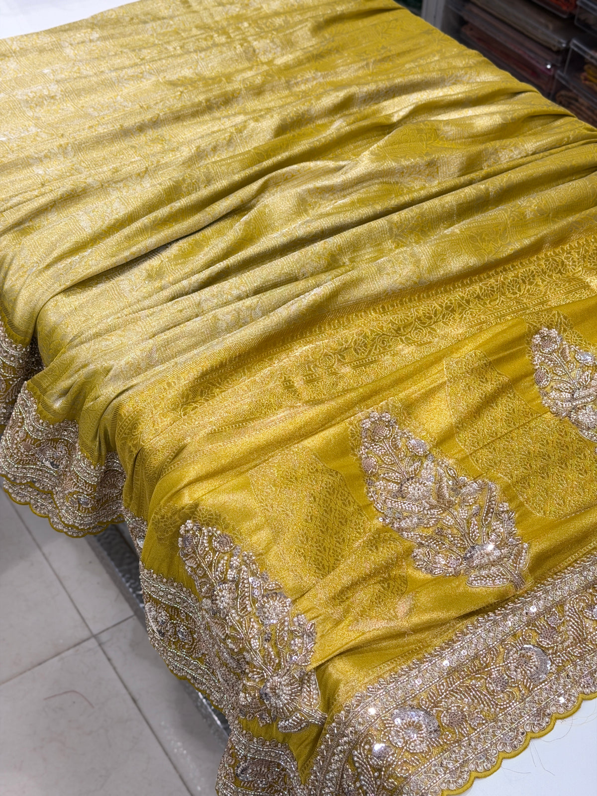 Neon Crepe Tissue Woven Silk Moti Sequin Saree