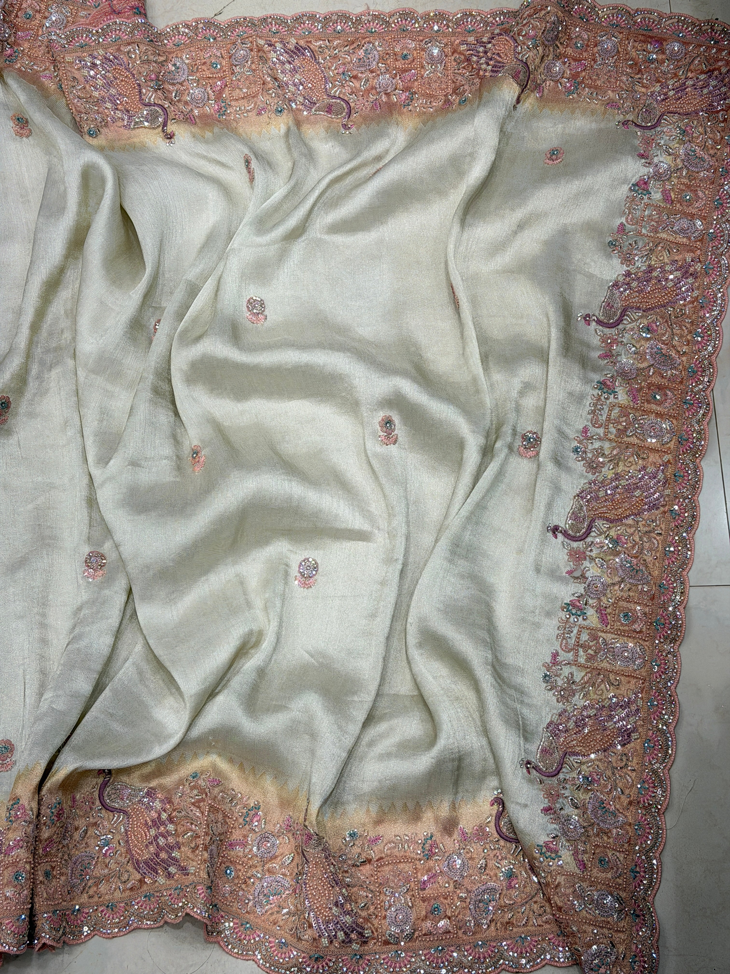 Silver Light Pink Soft Tissue Weaved Moti Embroidery Saree