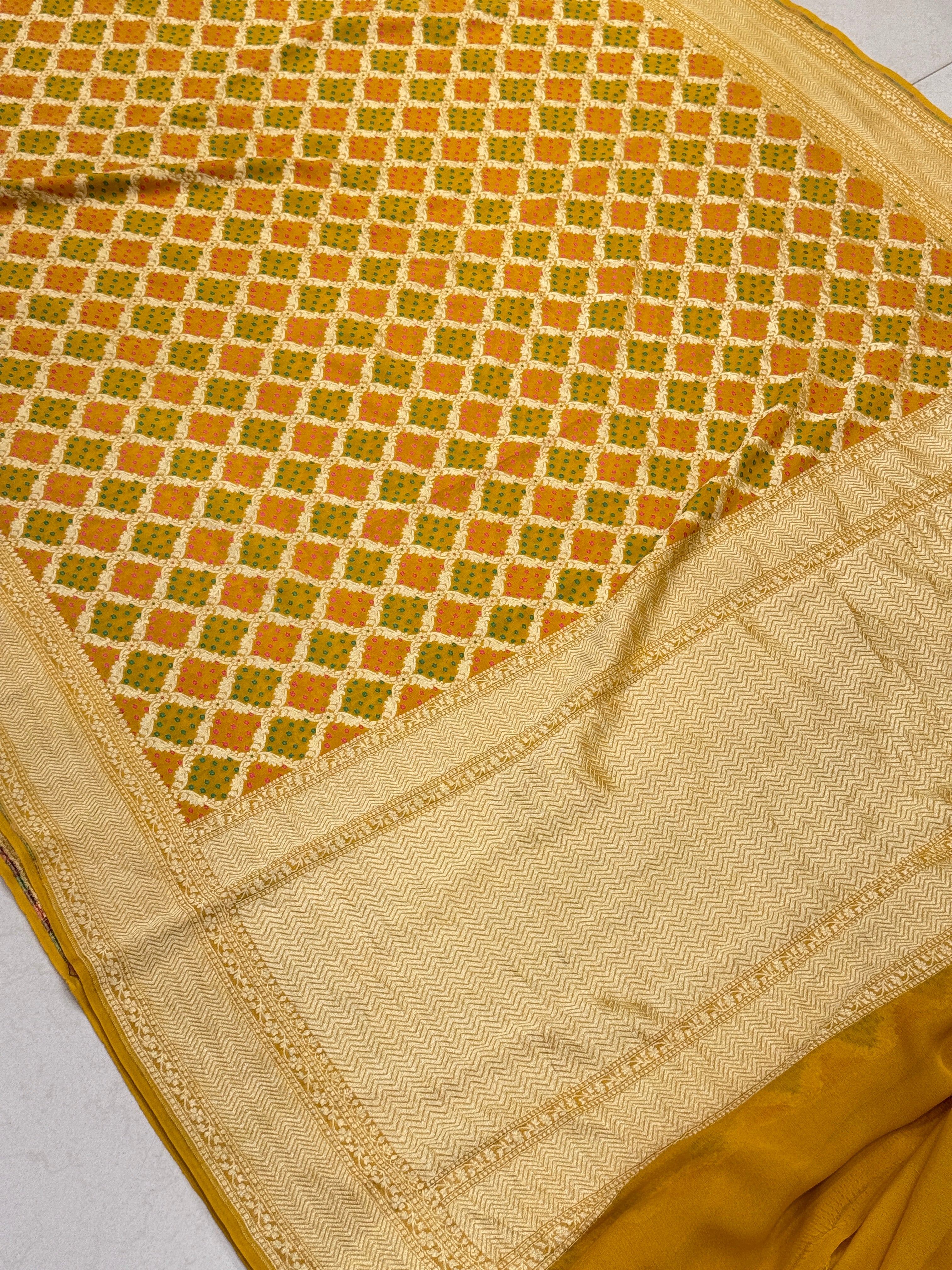 Mustard Yellow Woven Bandhej Banarasi Khaddi Georgette Saree