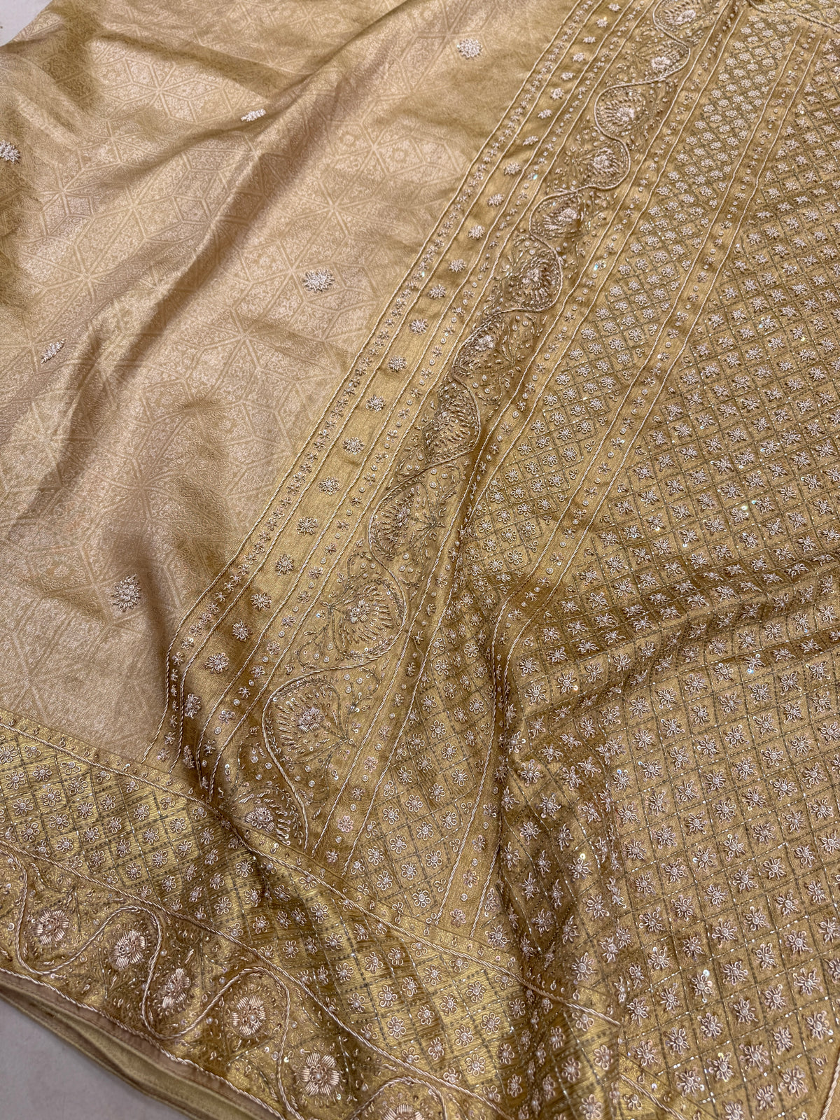 Light Golden Floral Kanjivaram Zardosi Hand Embroidery Saree