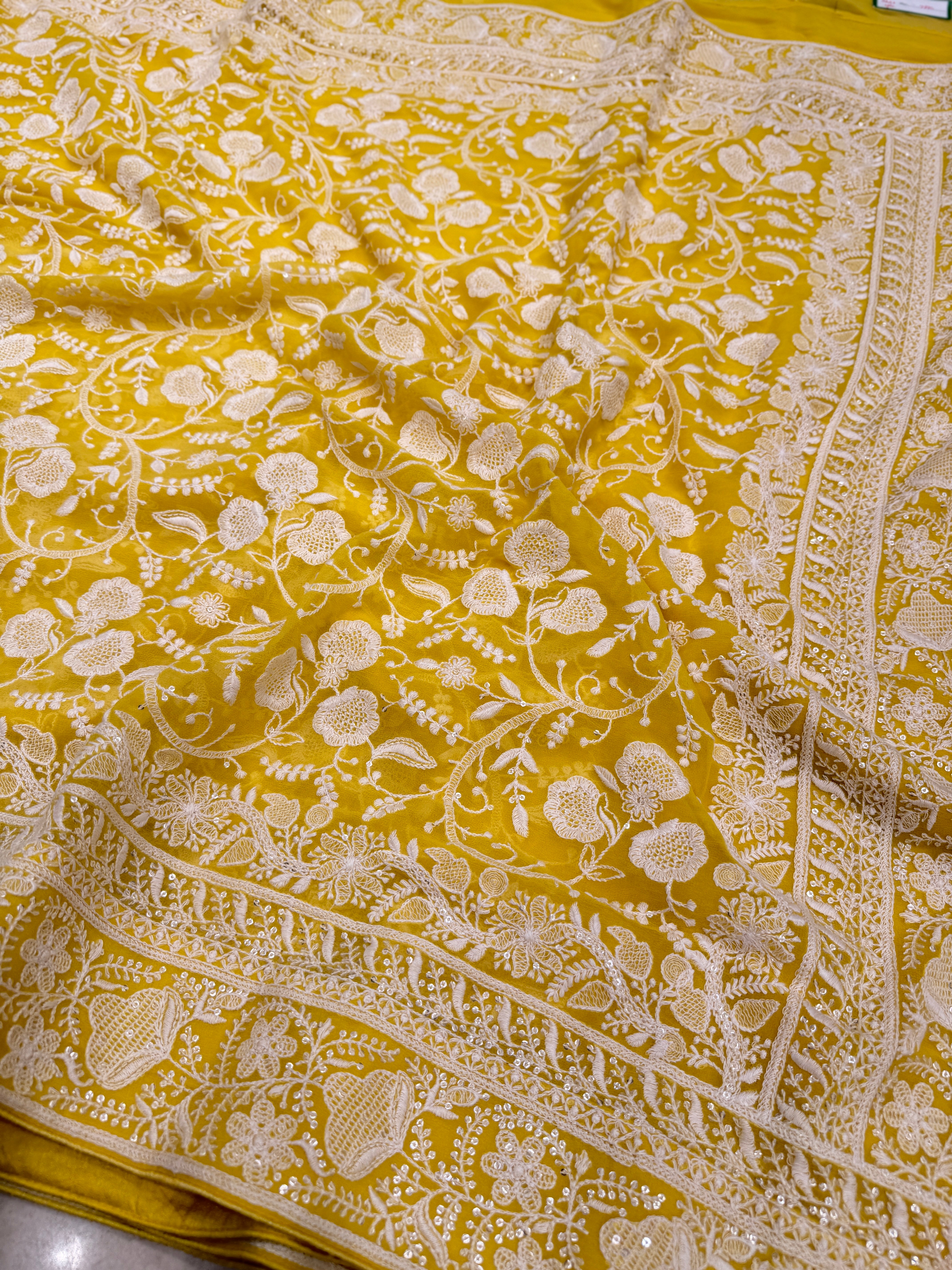 Yellow Georgette Chikankari Resham Saree