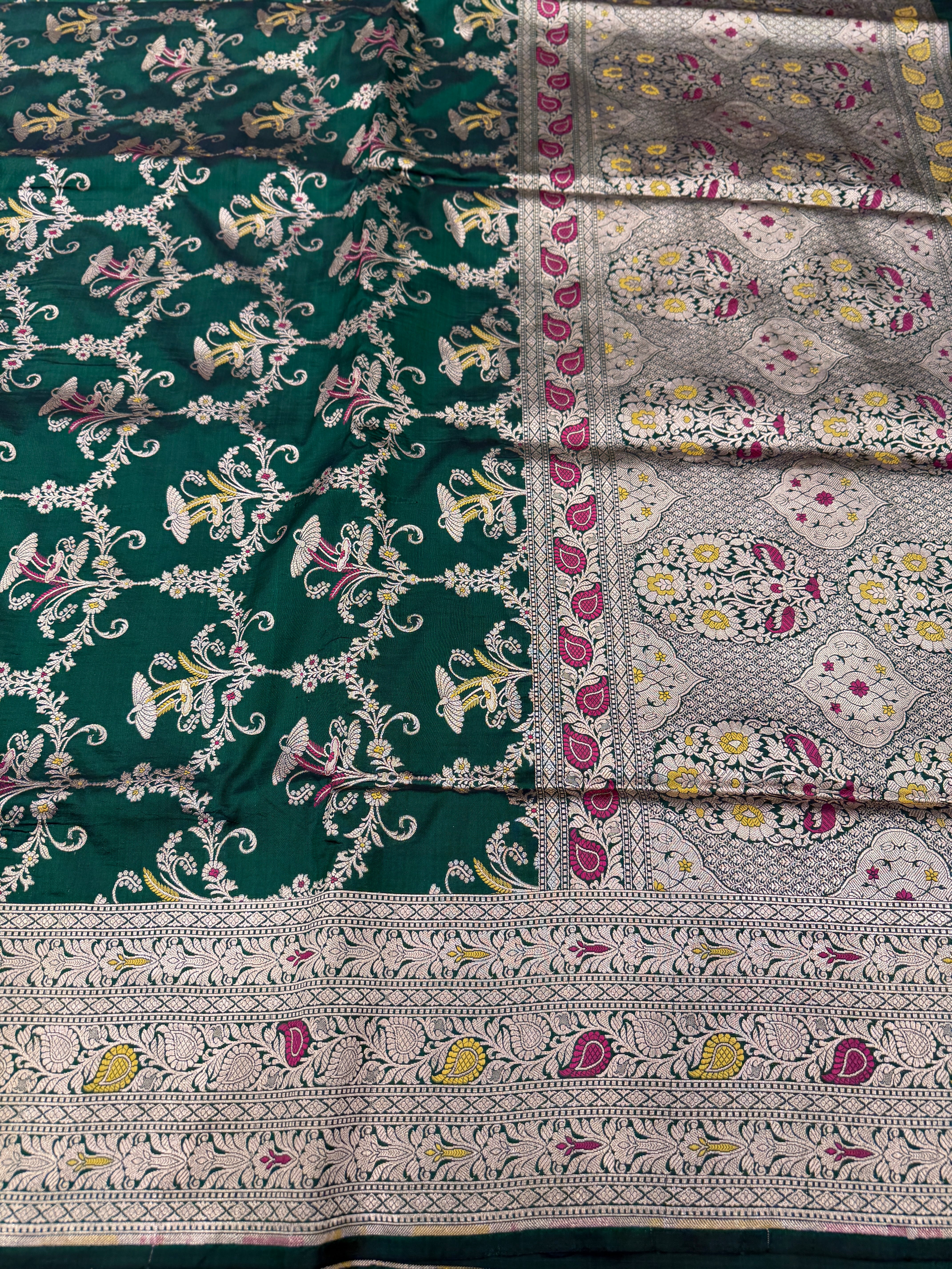 Bottle Green Handloom Meenakari Katan Silk Saree