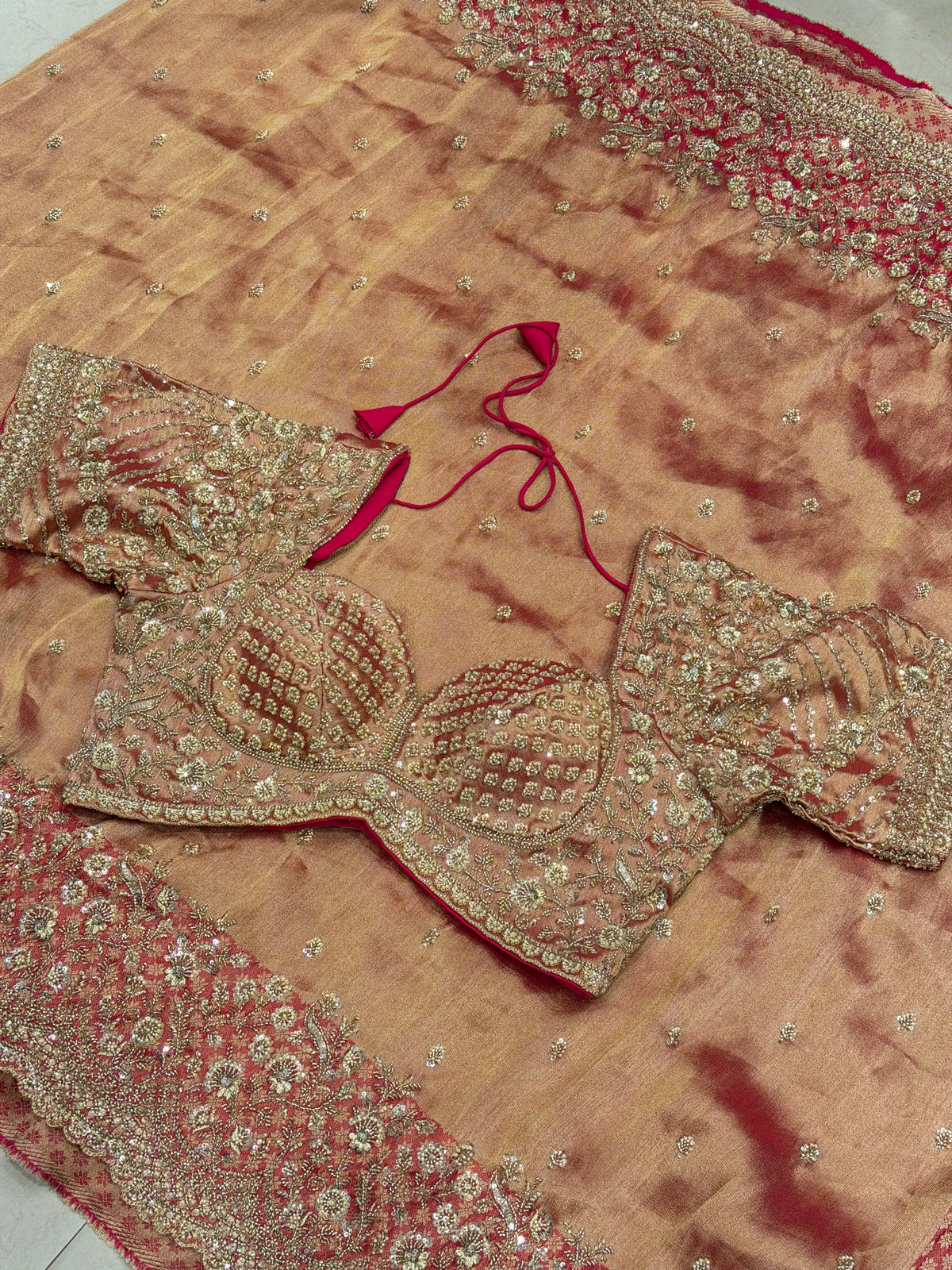 Rani Pink Crepe Tissue Embroidery Ready Blouse Saree