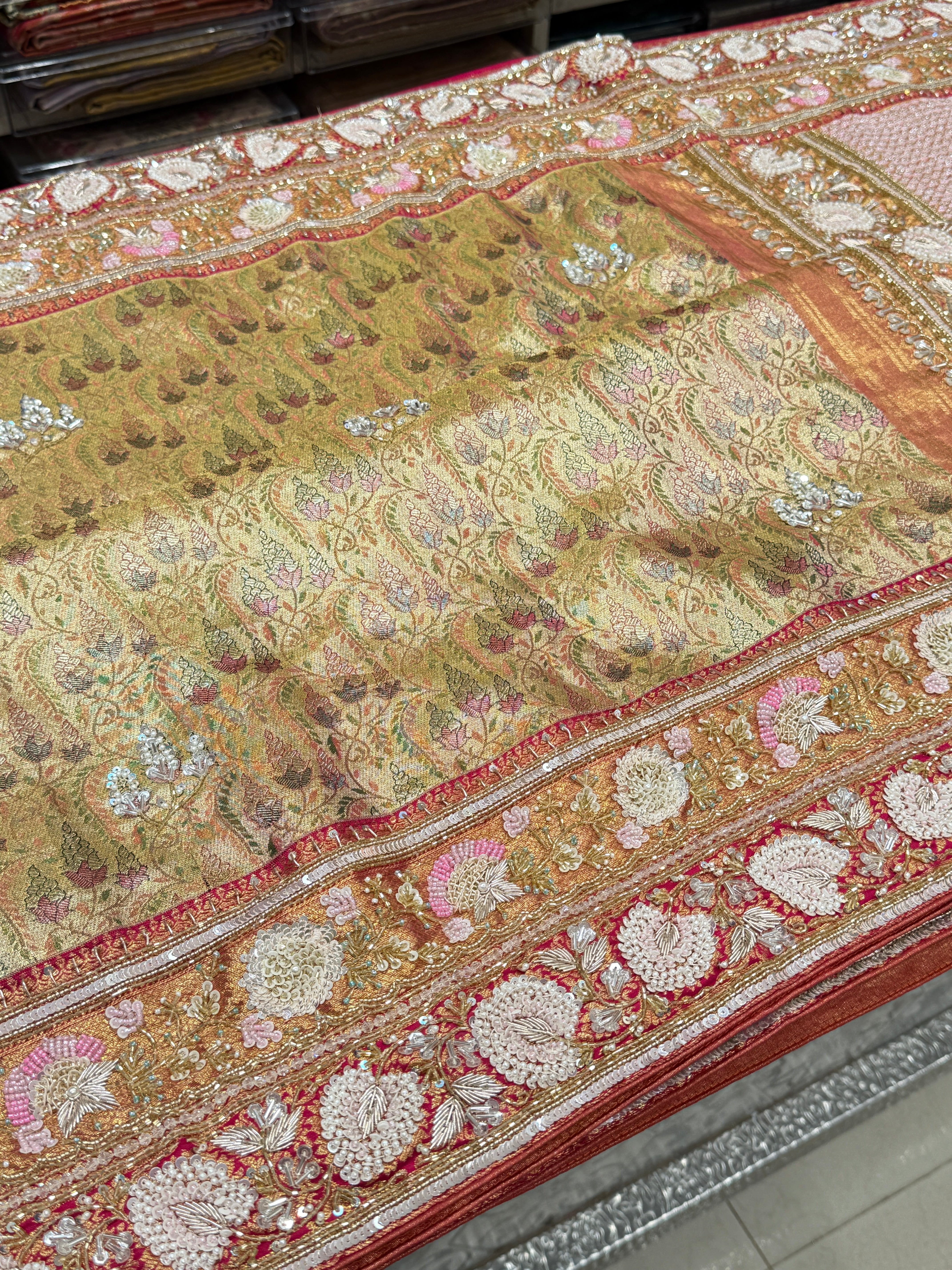 Meenakari Tissue Kanjivaram Hand Embroidery Saree