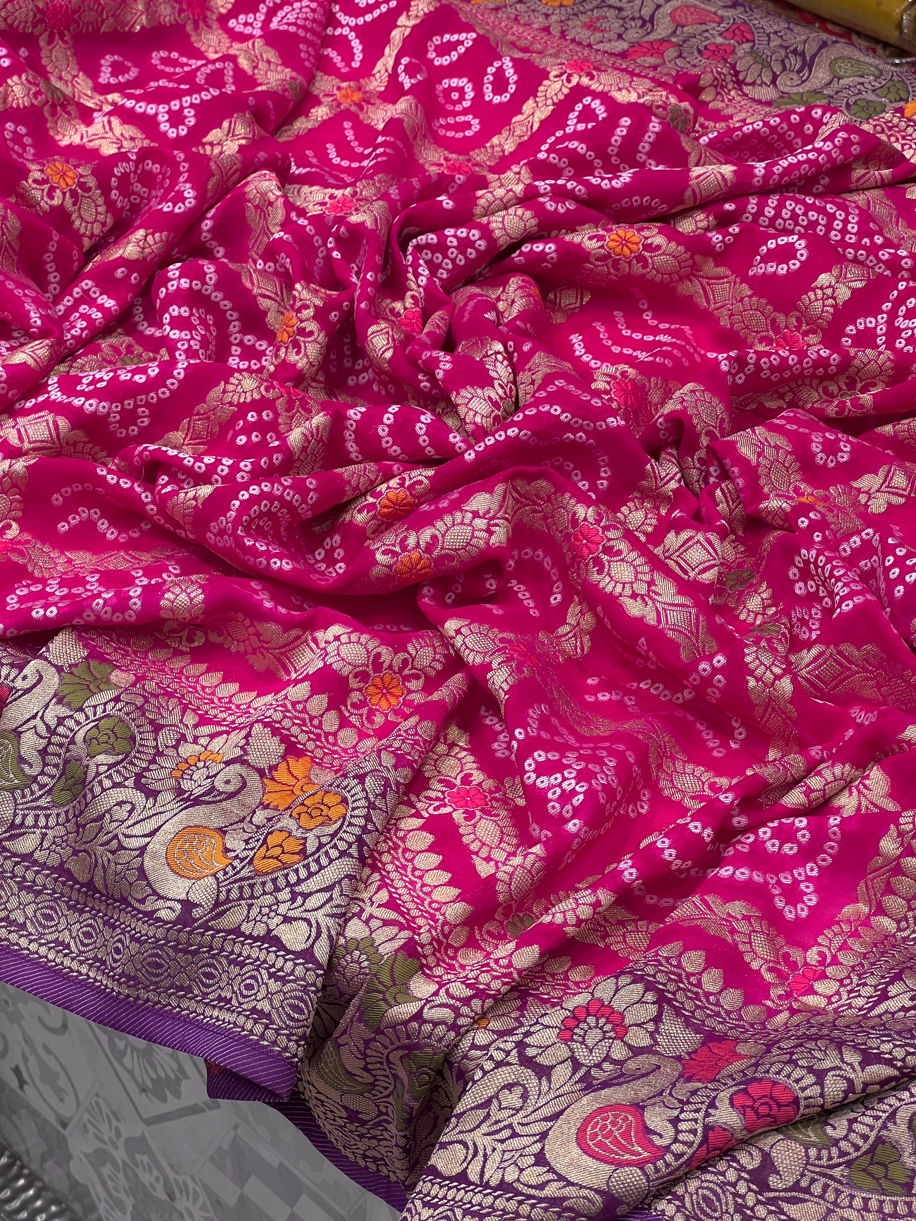 Pink Purple Woven Bandhej Gharchola saree