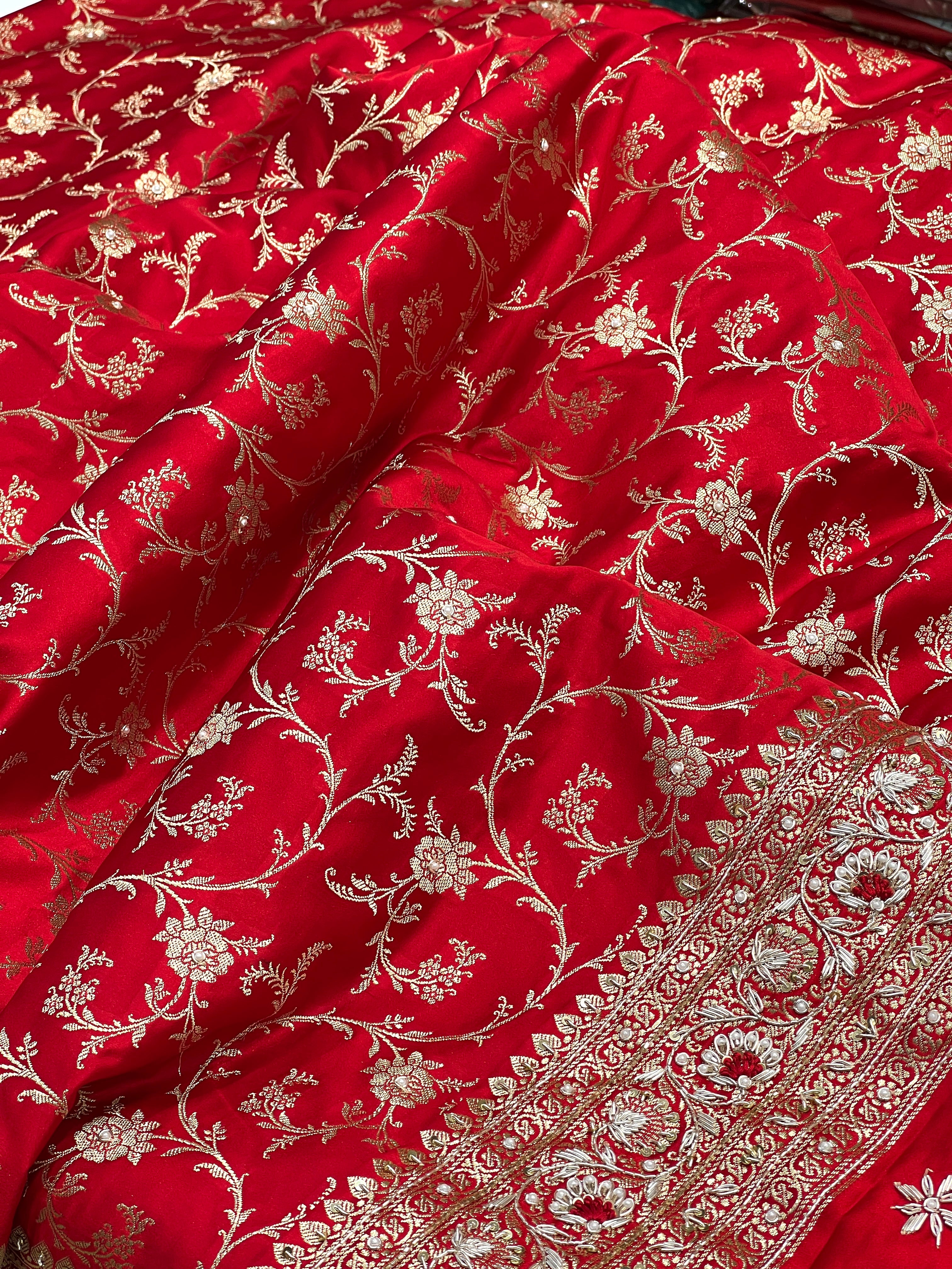 Red Banarasi Rose Jaal Resham Hand Embroidery Saree