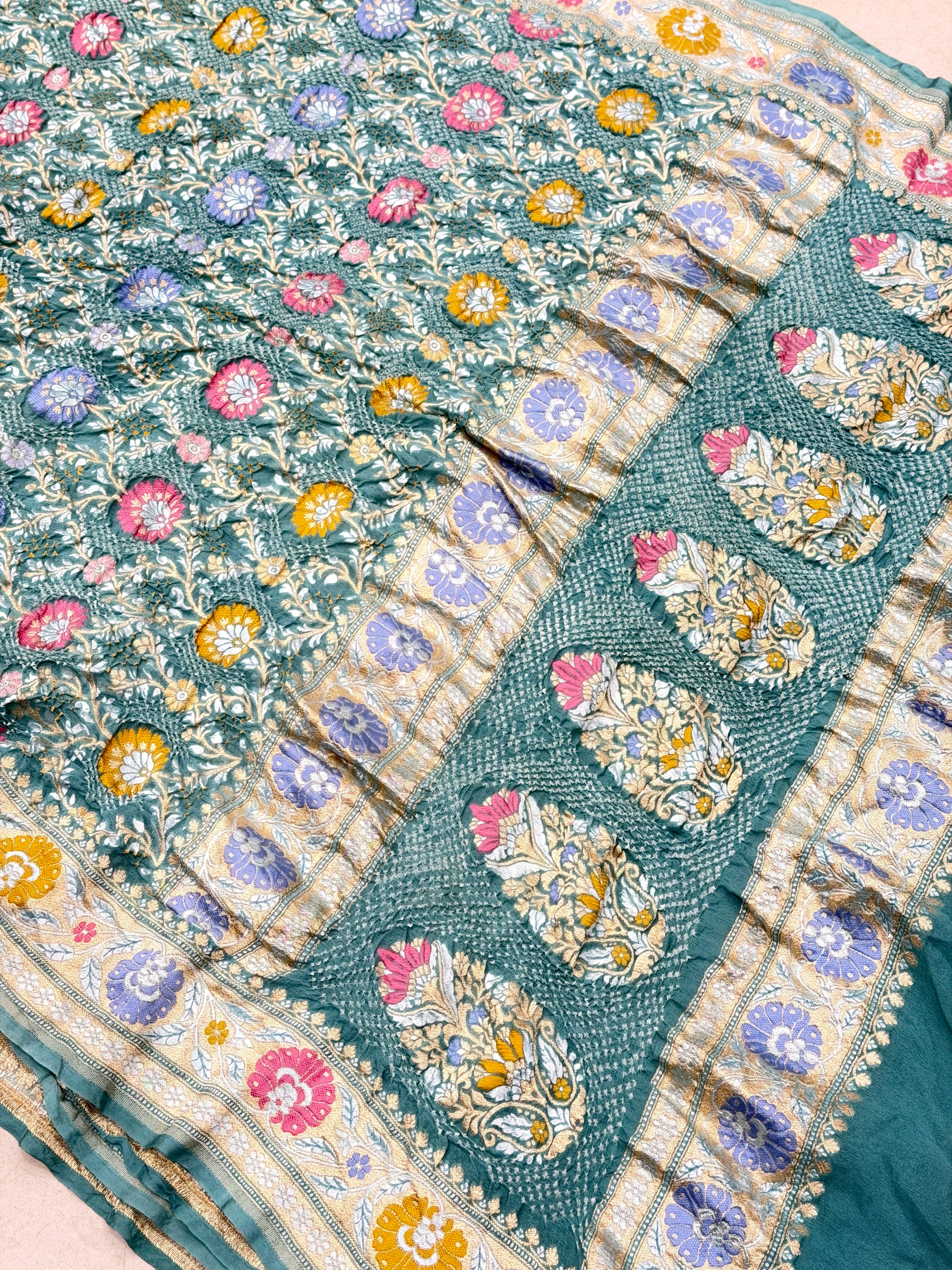Pastel Sea Green Meenakari Jaal Pure Handloom Bandhej Georgette Saree
