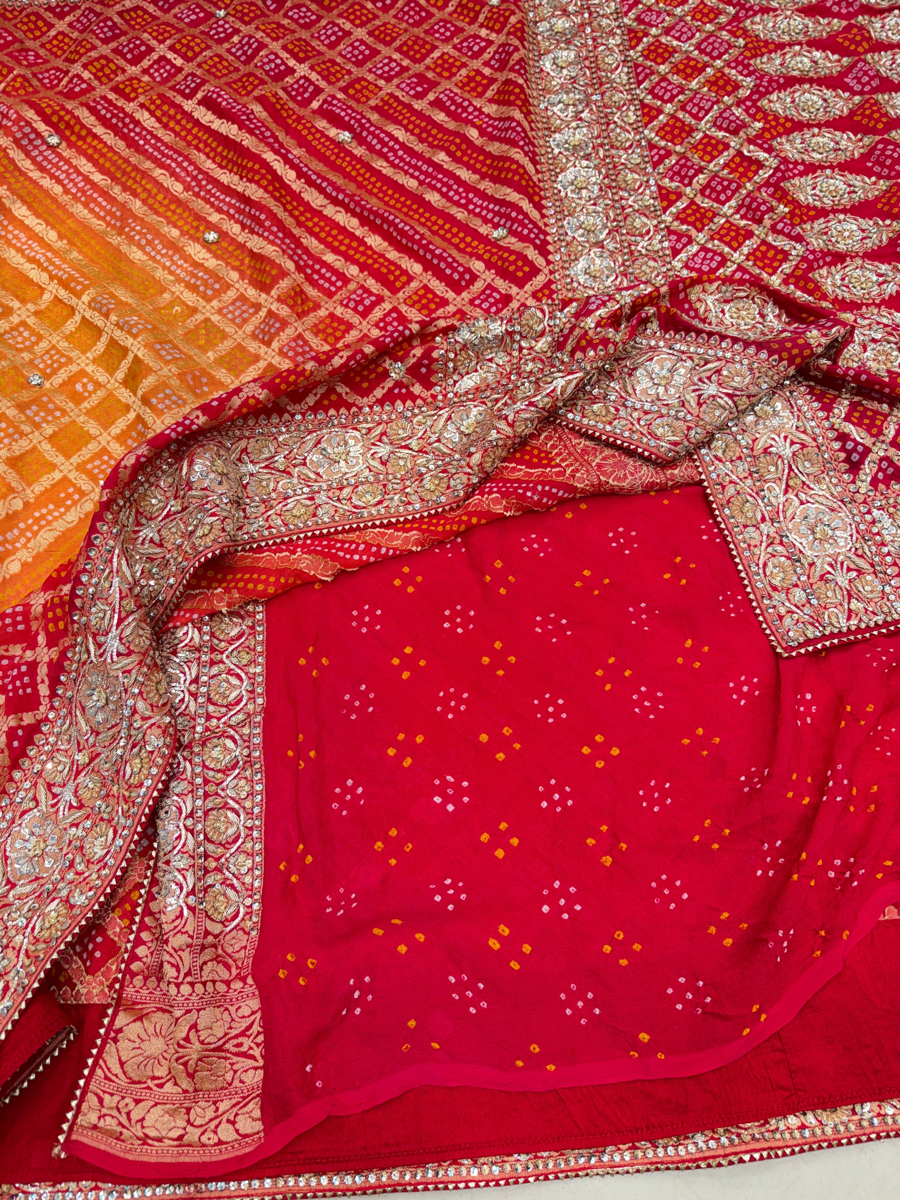 Orange Red Rai Bandhej Zardosi Pita Hand Embroidery Saree