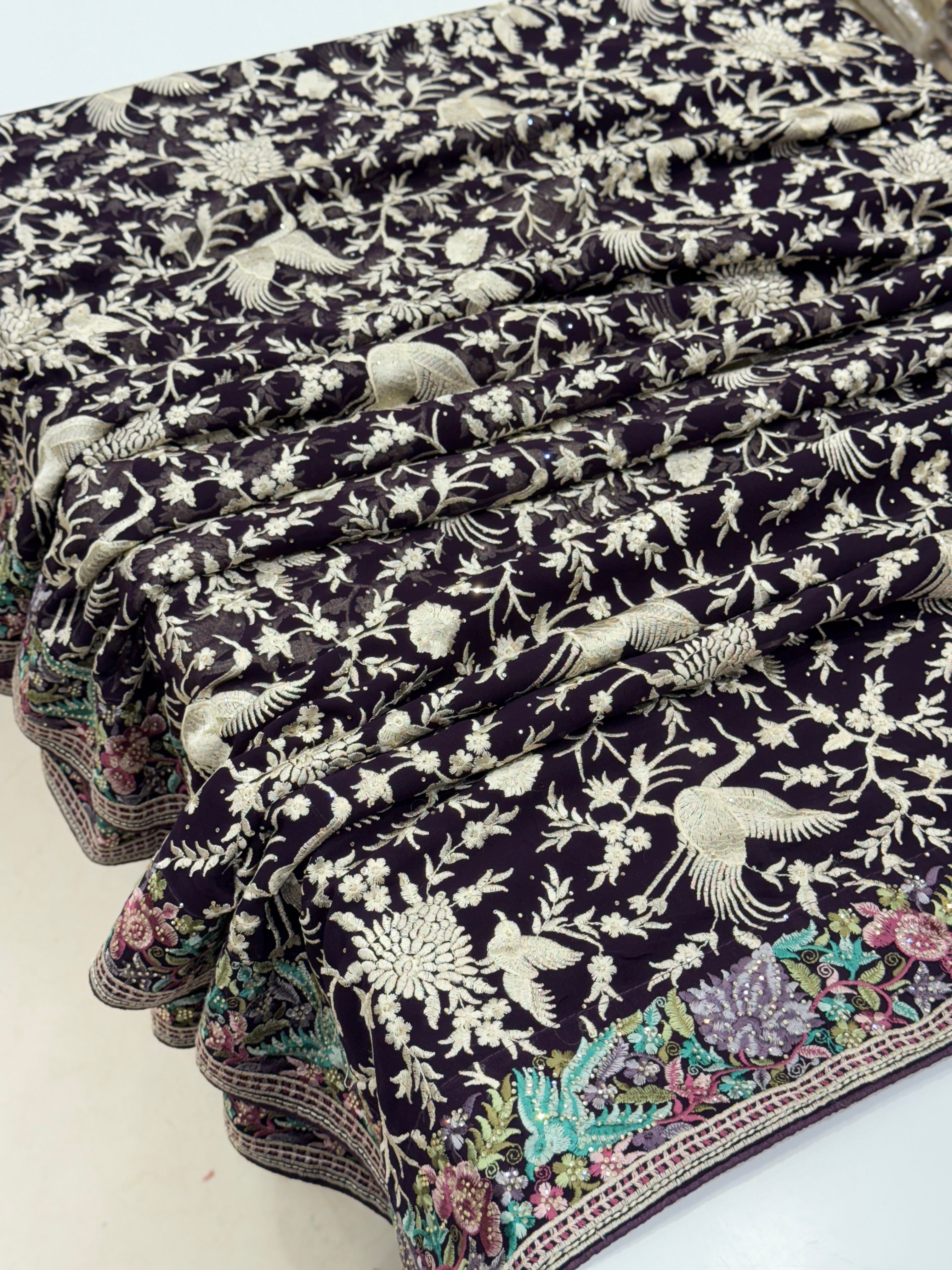 Black Parsi Gara Saree with Stone Work Resham Embroidery