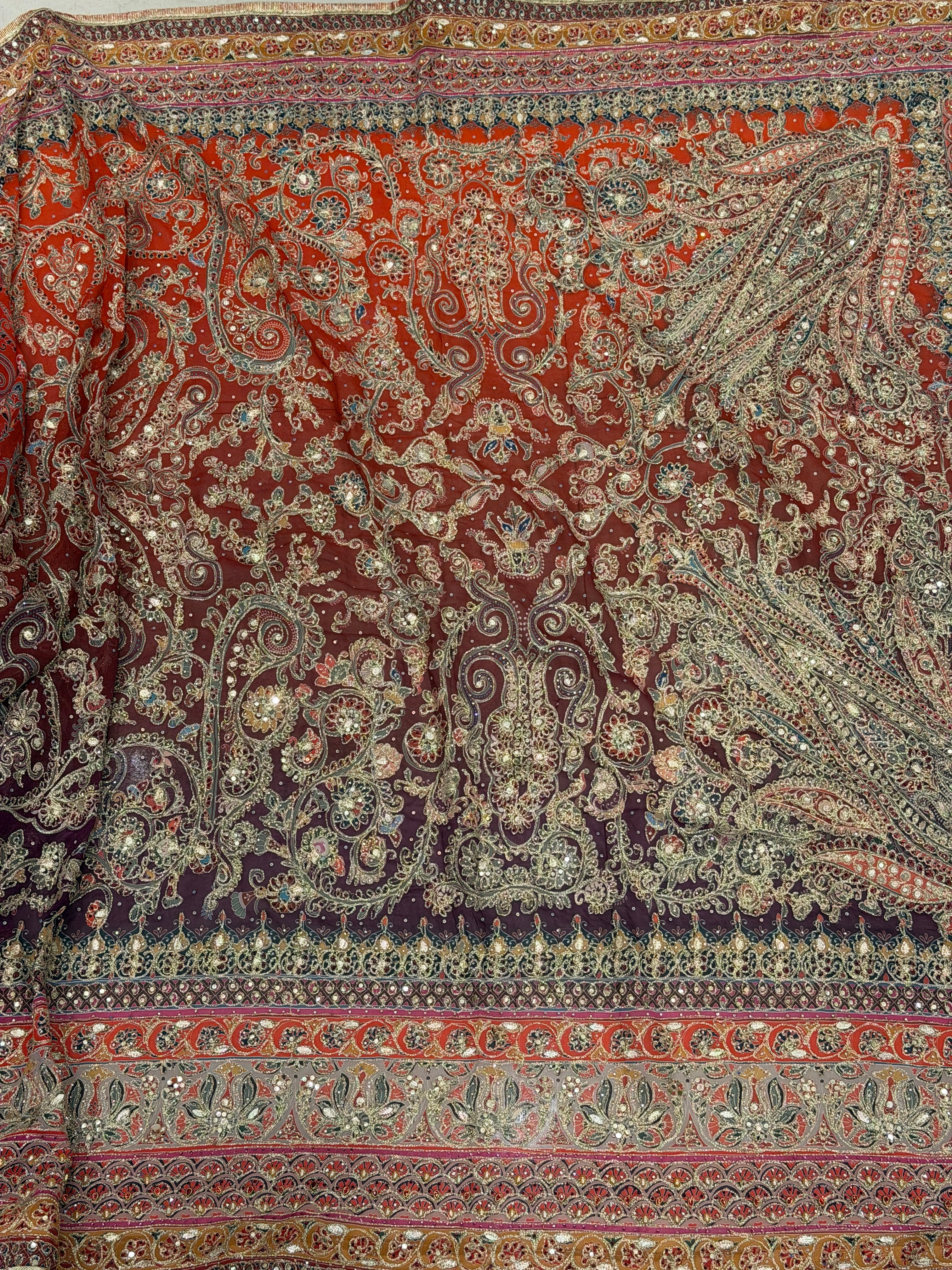Rust Shaded Kashida Keri TT inspired Banarasi Crepe Hand Embroidery Saree