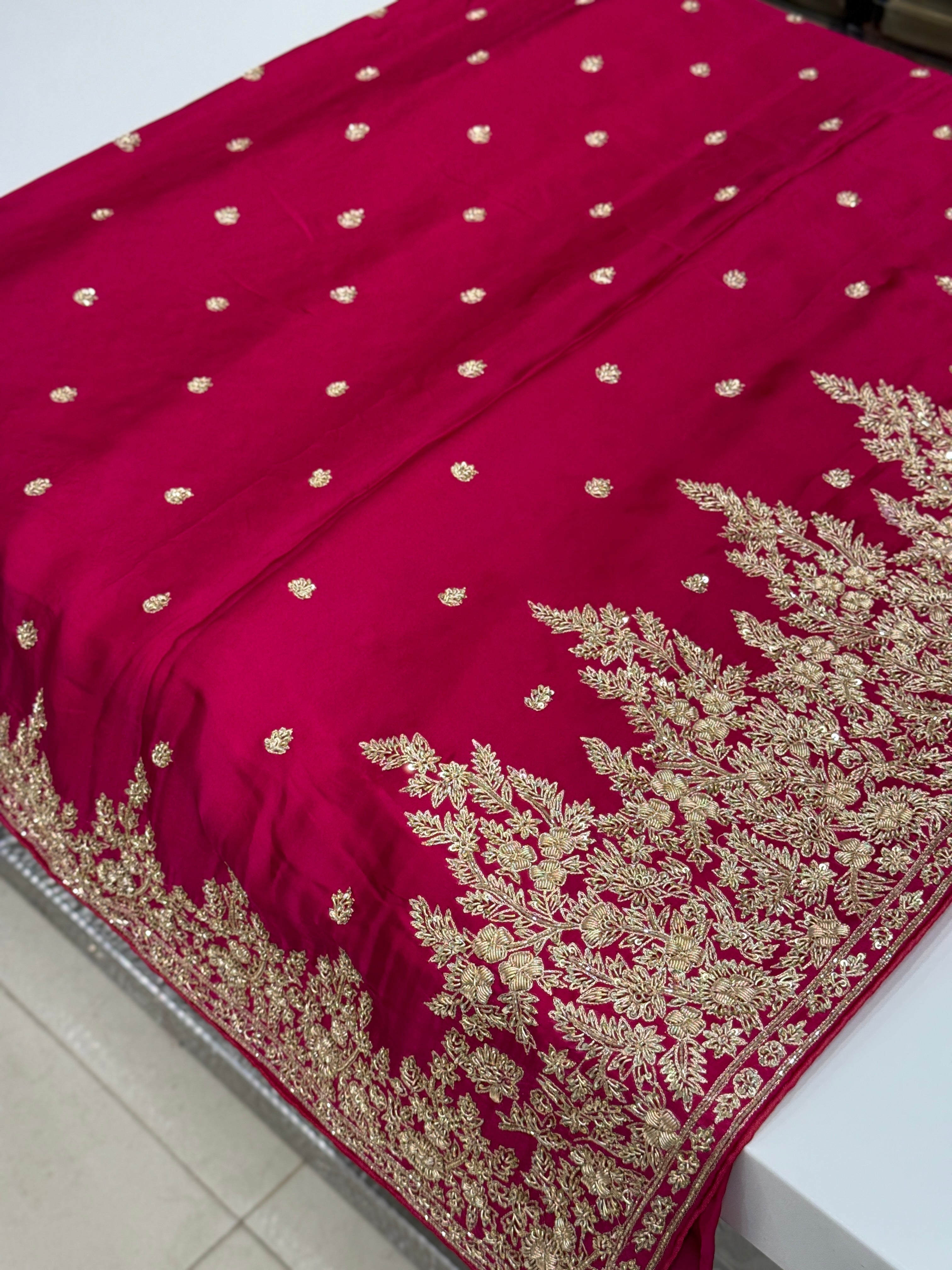 Rani Pink Small Buttis Satin Hand Embroidery Zardosi Saree
