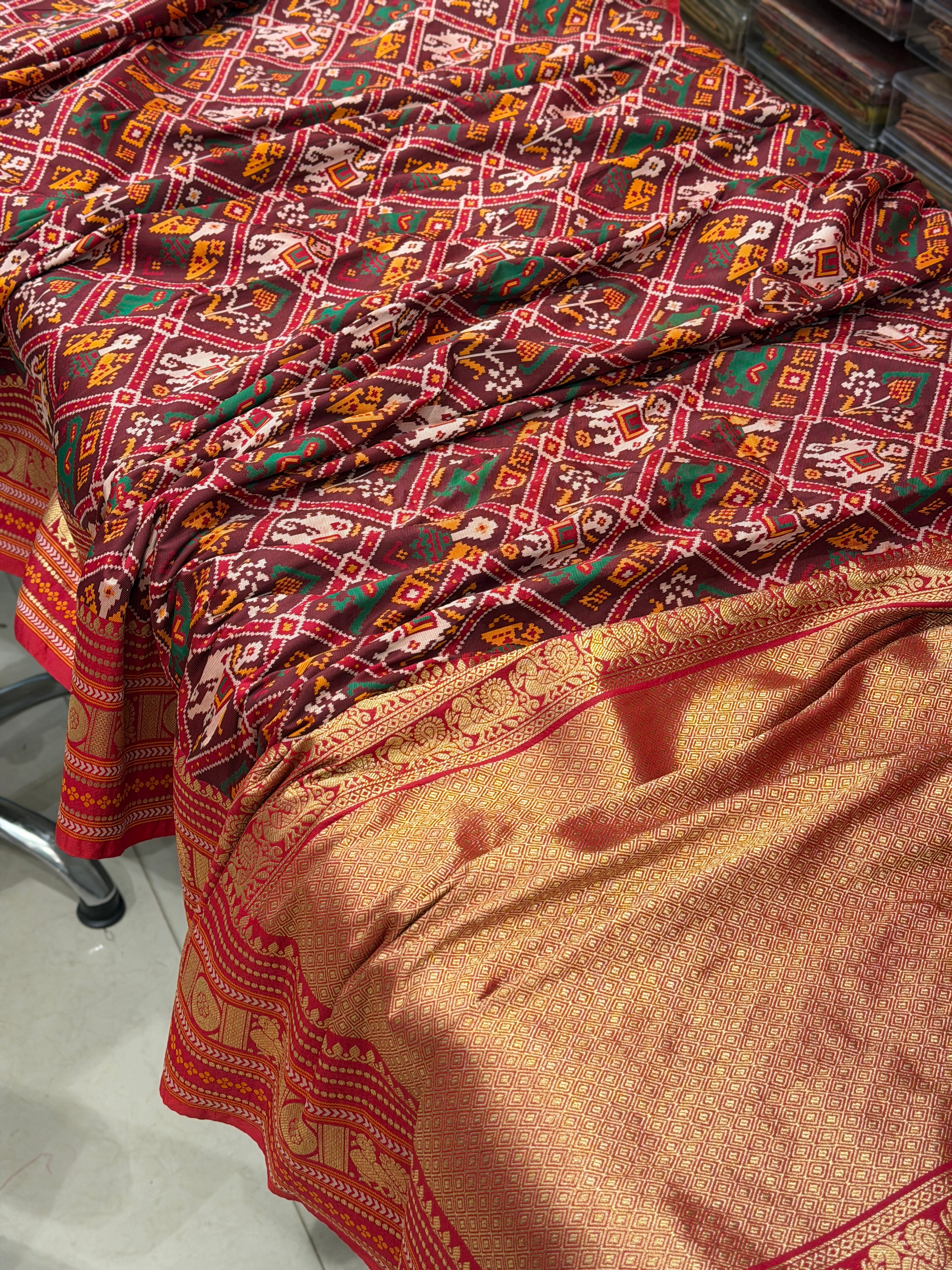 Red Checkered Kanchi Style Border Semi Silk Weaved Patan Patola Saree