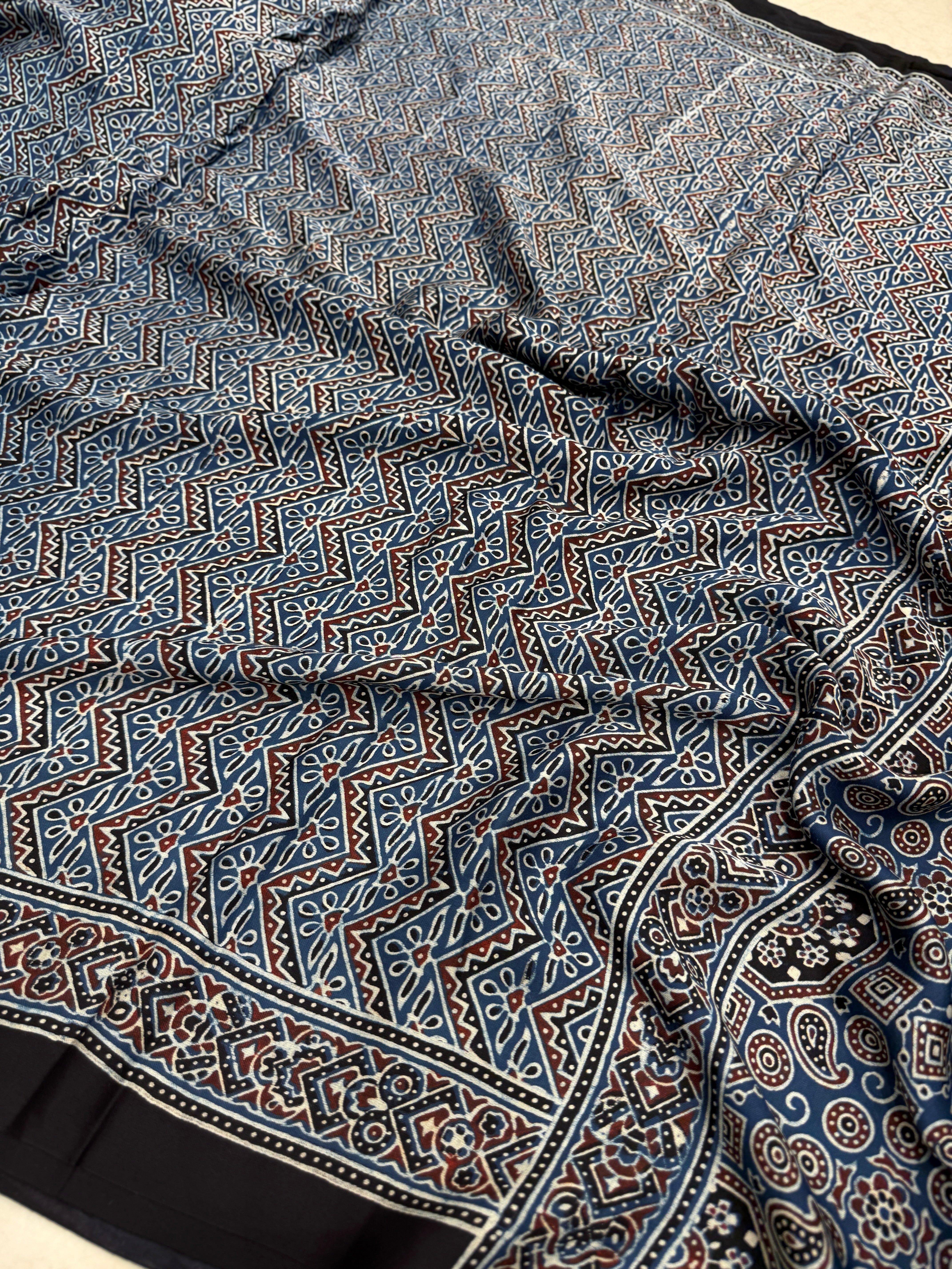 Blue Zig Zag Jaal Ajrakh Block Print Hand Pure Gajji Silk Saree