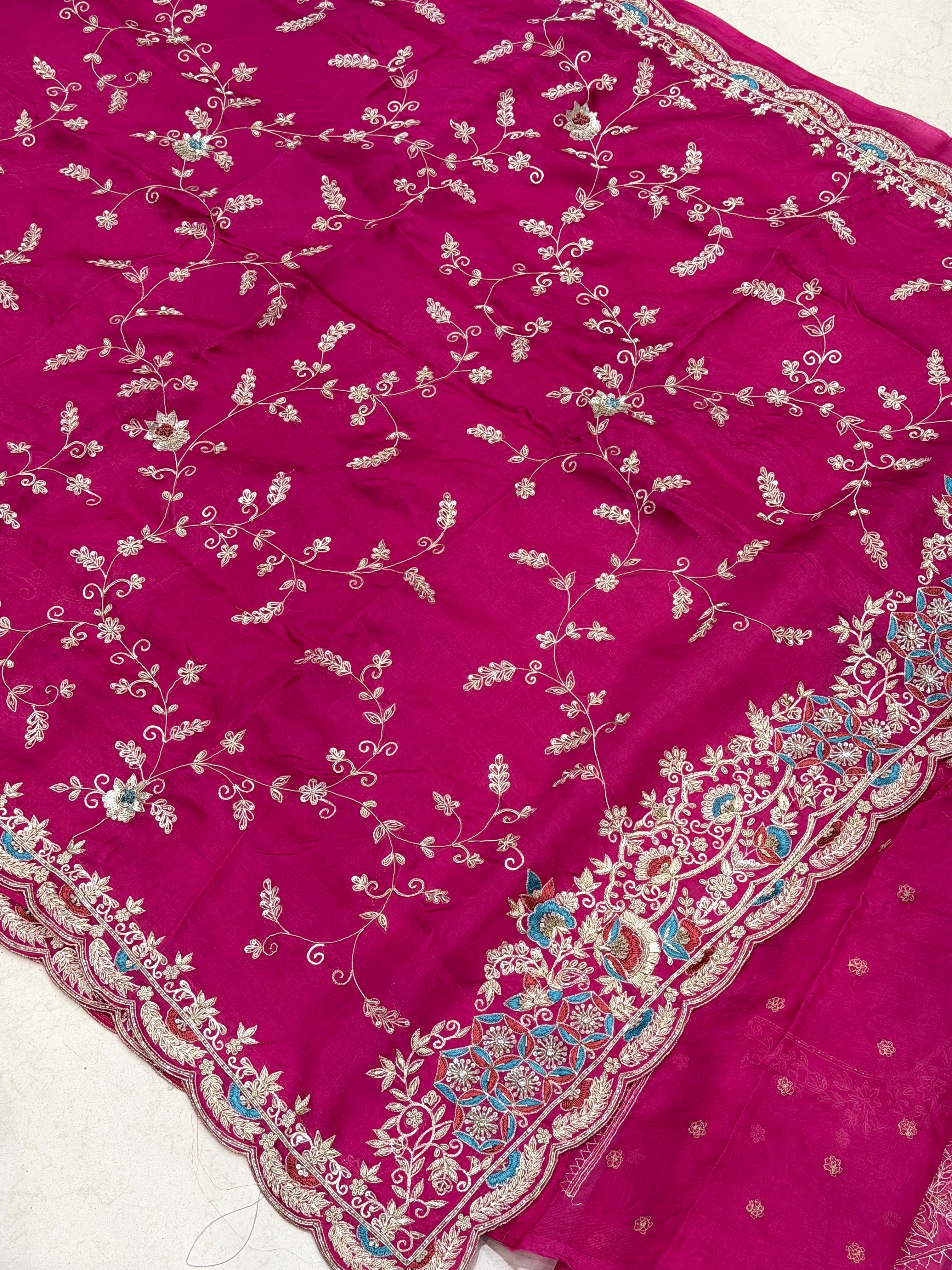 Rani Pink Organza Zardosi Resham Jaal Hand Embroidery Saree