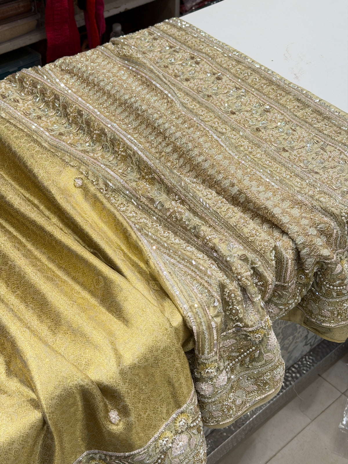 Golden Kanjivaram Moti Zardosi Hand Embroidery Saree