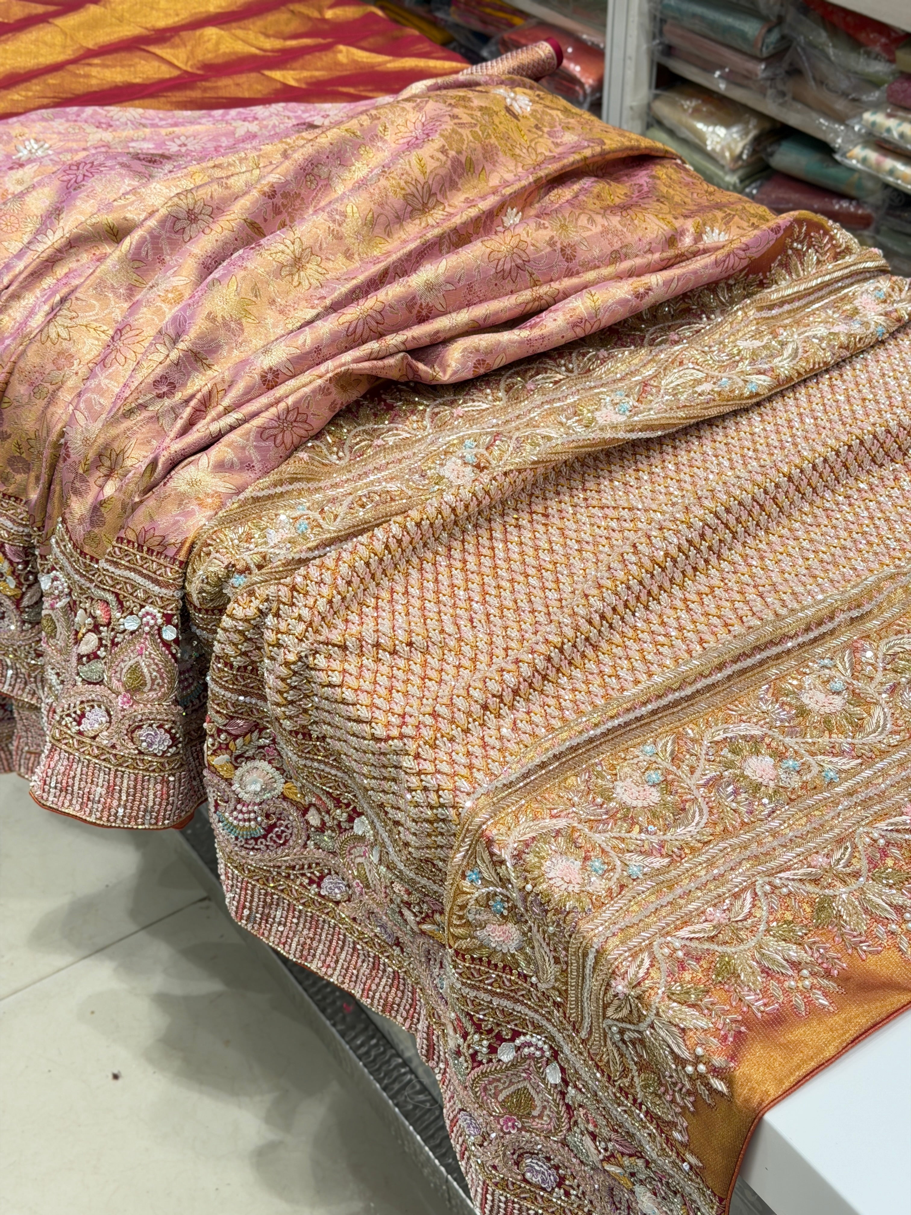 Pink Meenakari Tissue Kanjivaram Moti Zardosi Hand Embroidery Saree