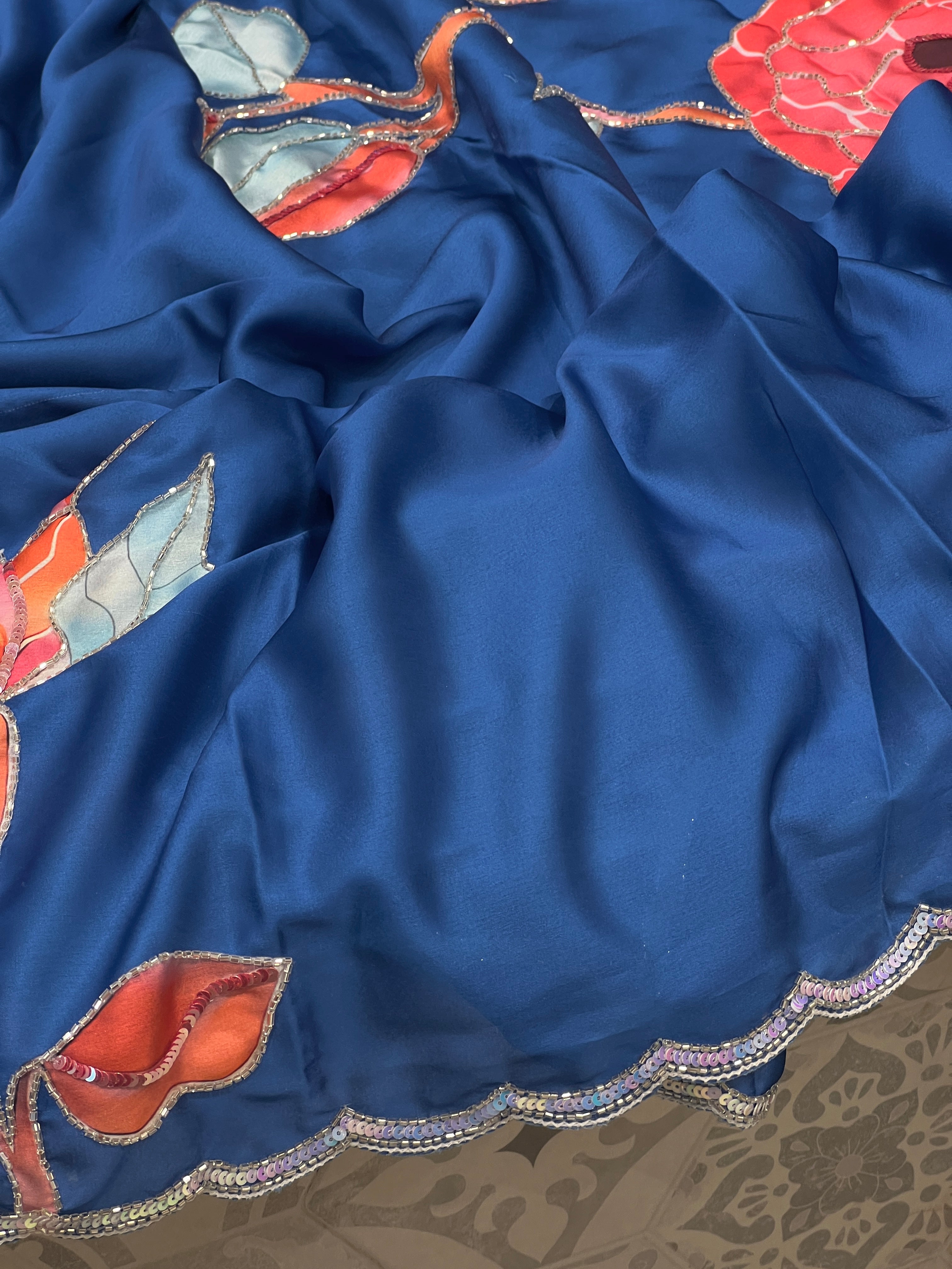 Blue Satin Red Flower Hand Embroidery Saree