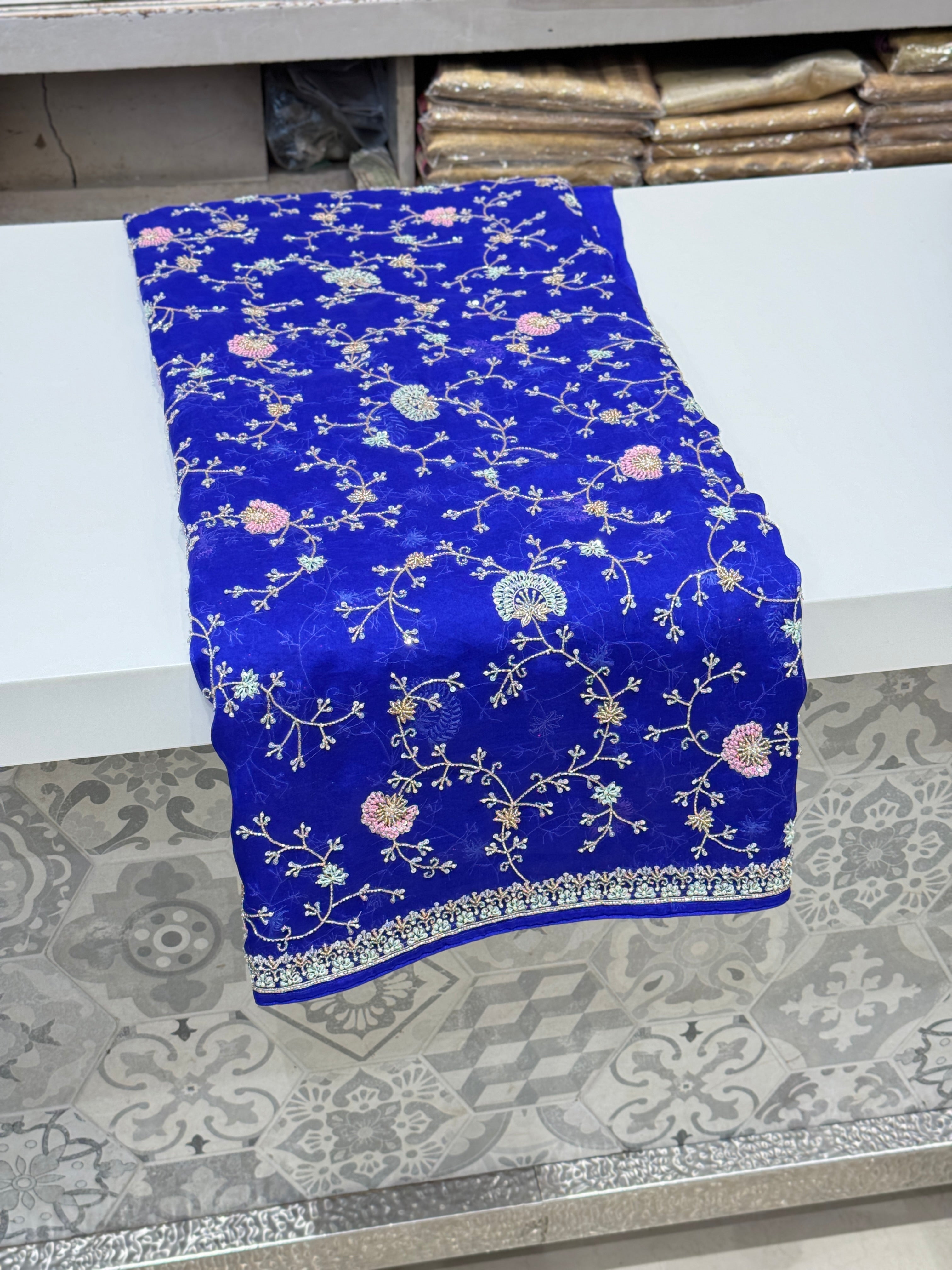 Royal Blue Organza Hand Embroidery Saree