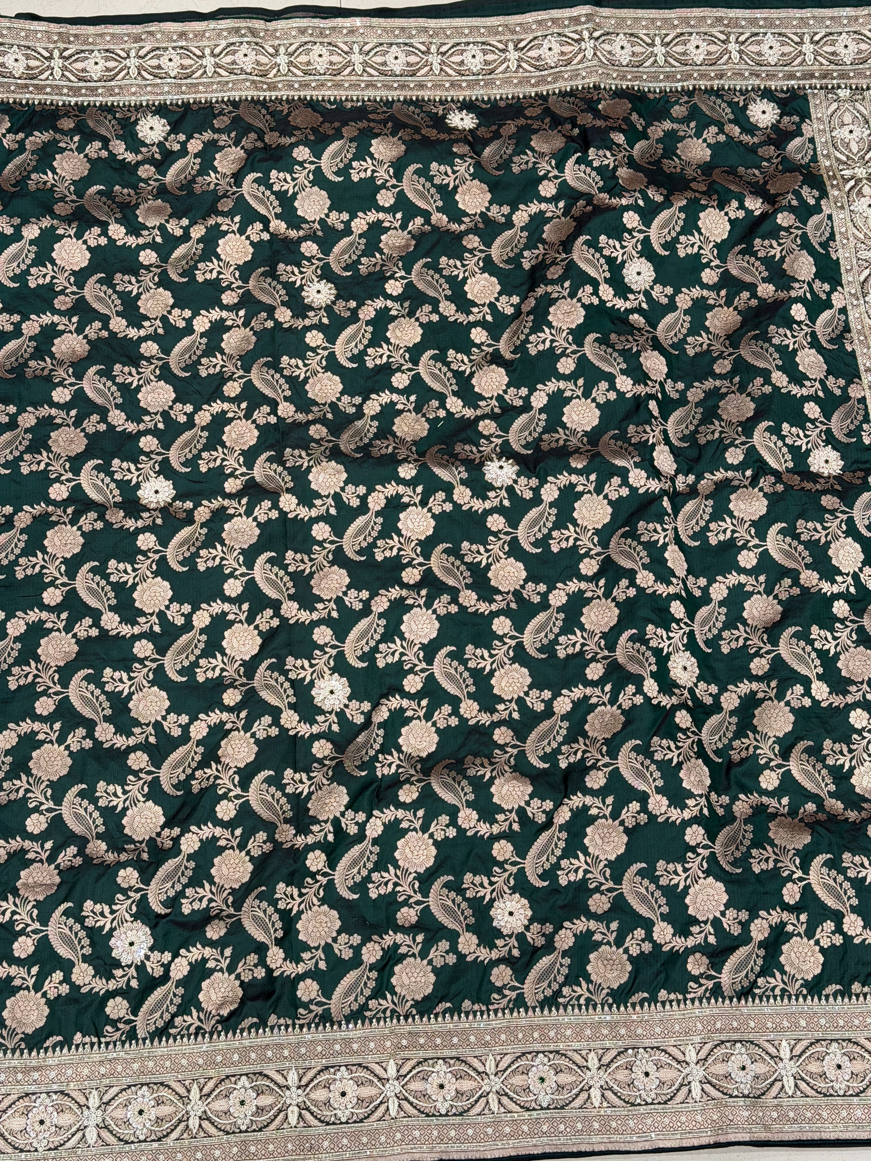 Bottle Green Jaal Handloom Banarasi Pure Katan Zardosi Embroidery Saree