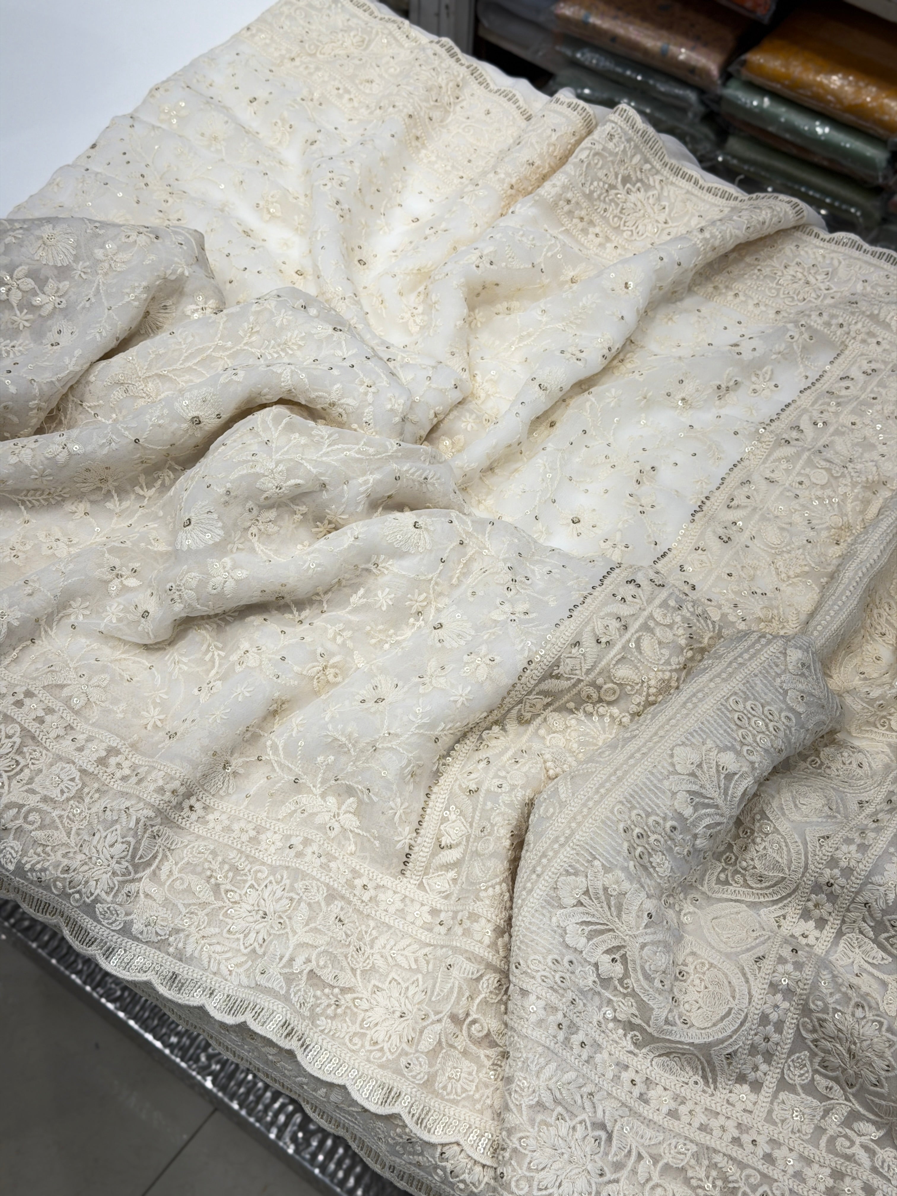 White Chikankari Embroidery Sikka Georgette Saree