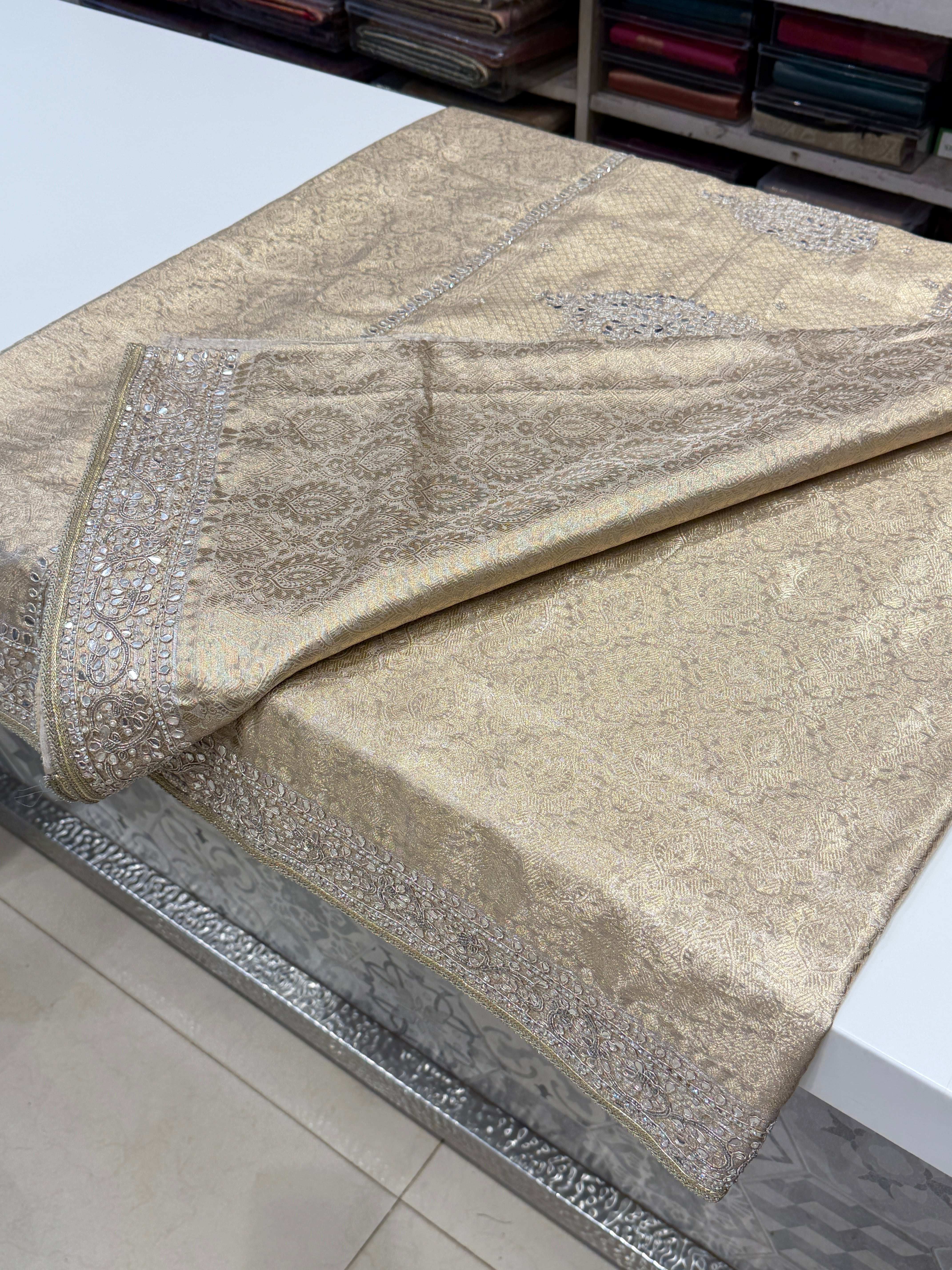 Gold Tissue Kanjivaram Moti Hand Embroidery Saree