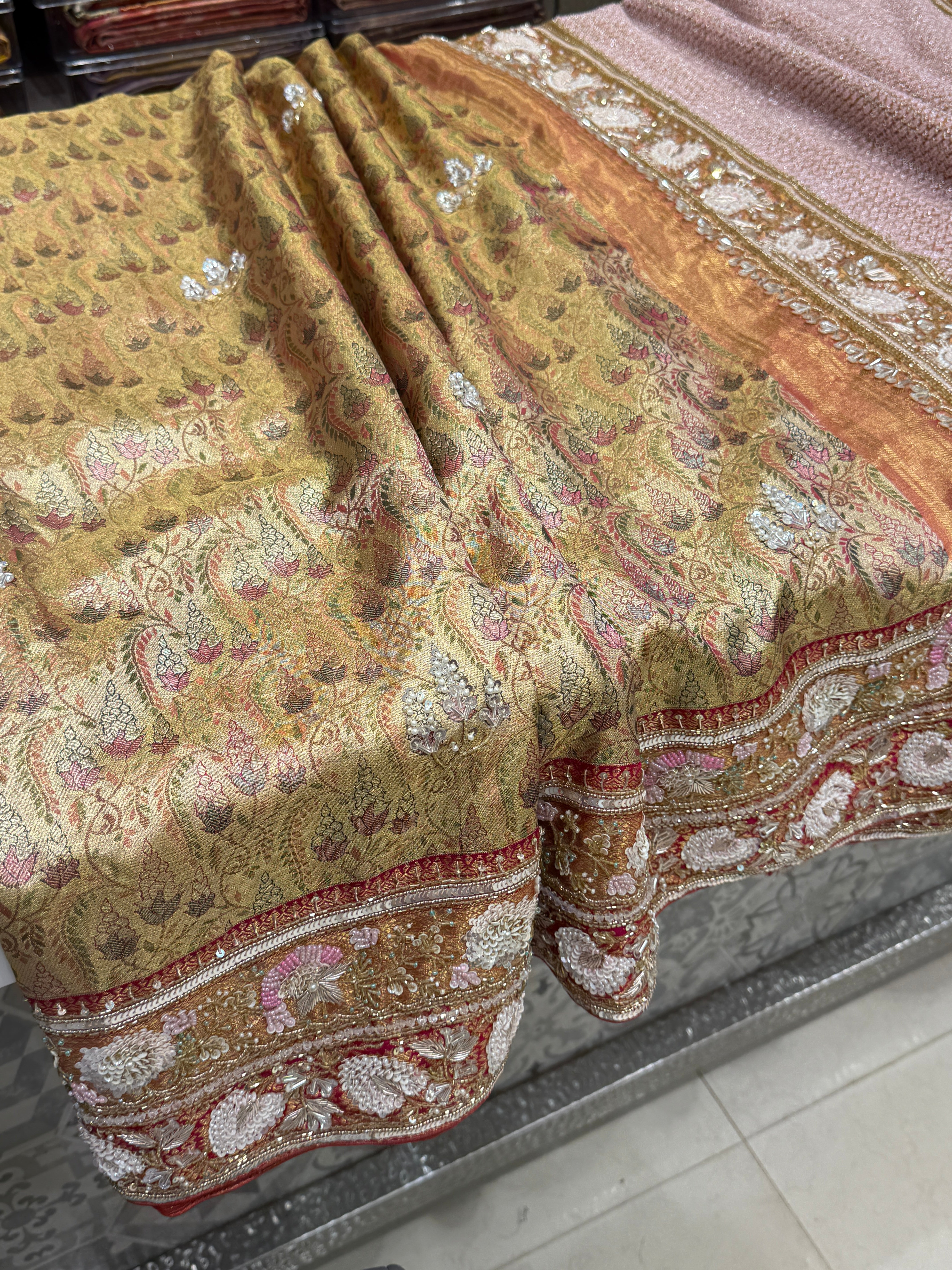Meenakari Tissue Kanjivaram Hand Embroidery Saree