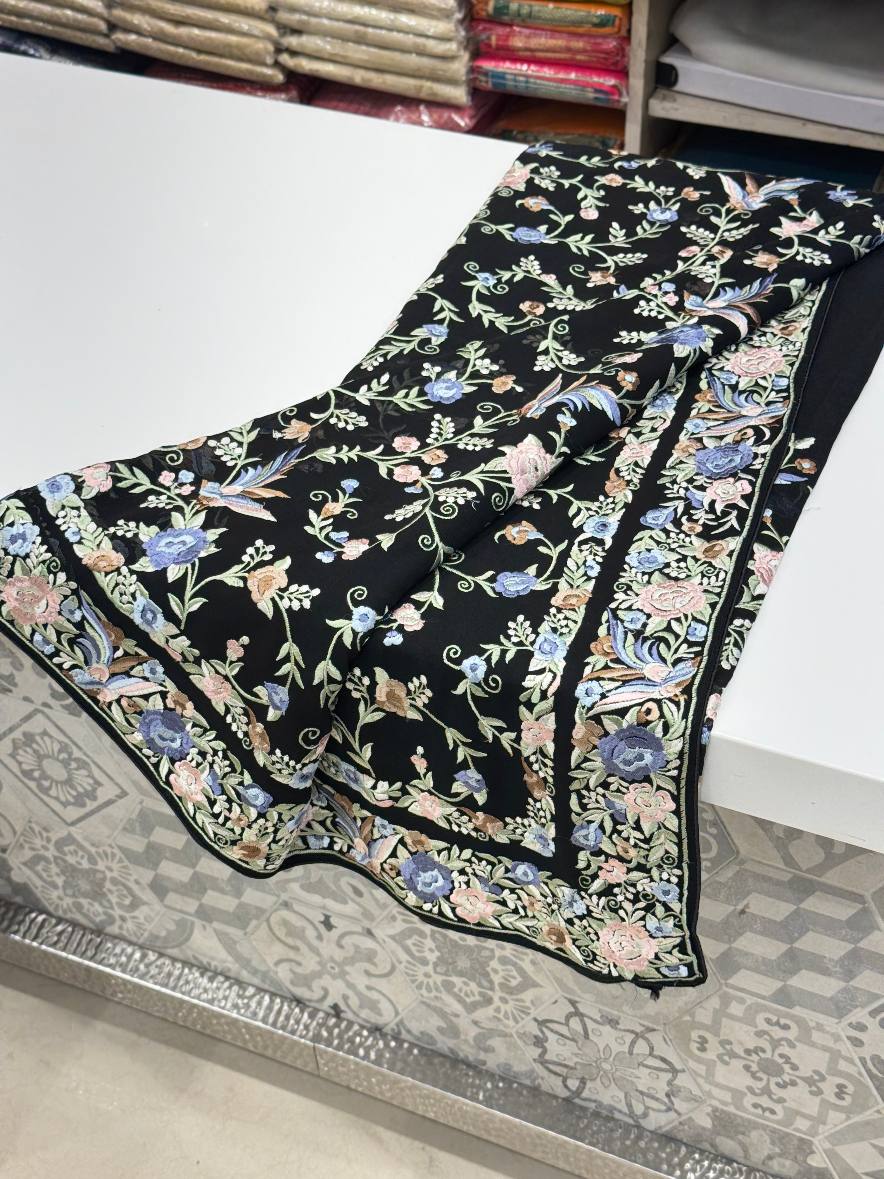 Black Double Border Georgette Parsi Gara Saree