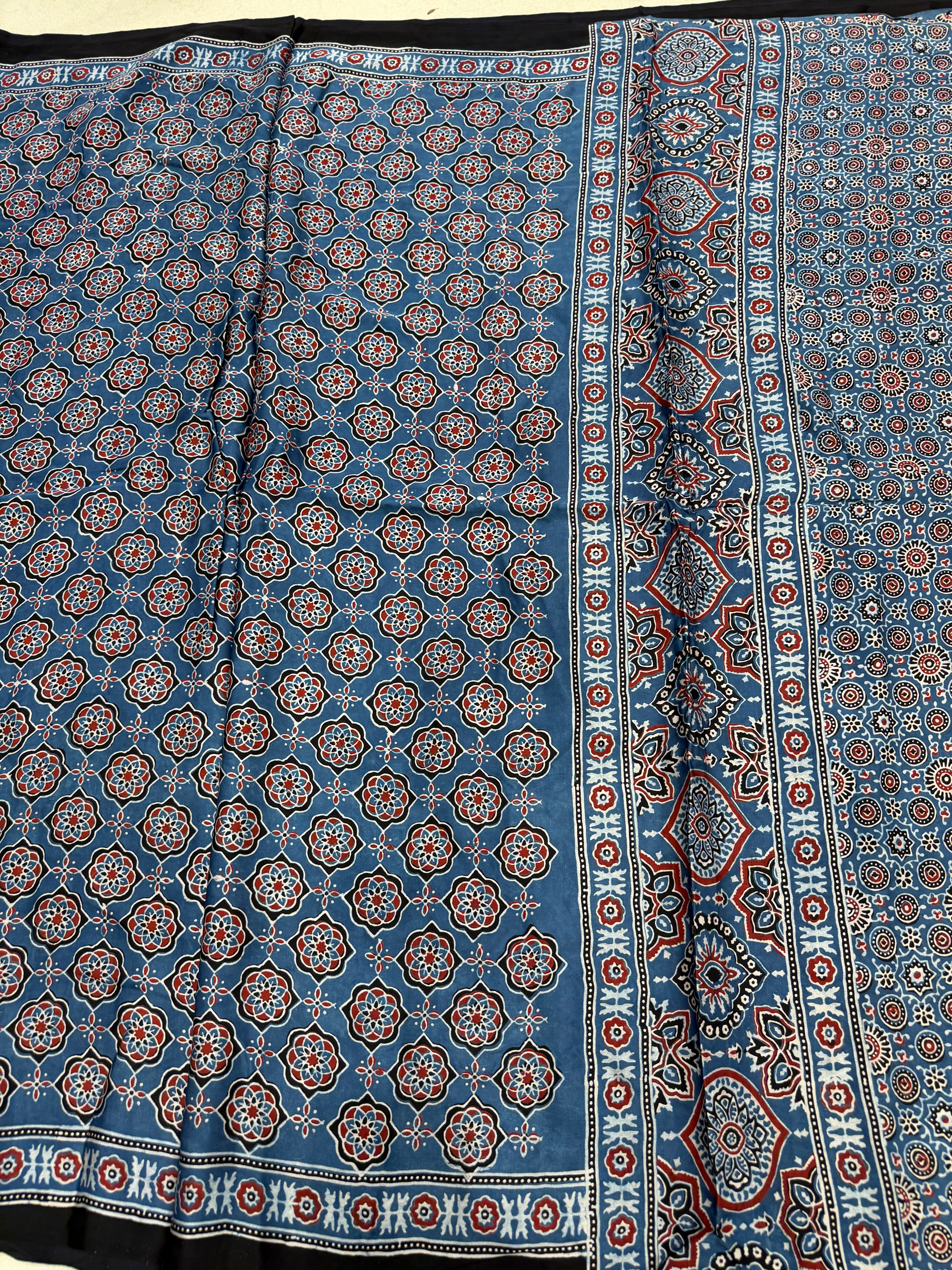 Blue Jaal Ajrakh Hand Block Print Pure Gajji Silk Saree