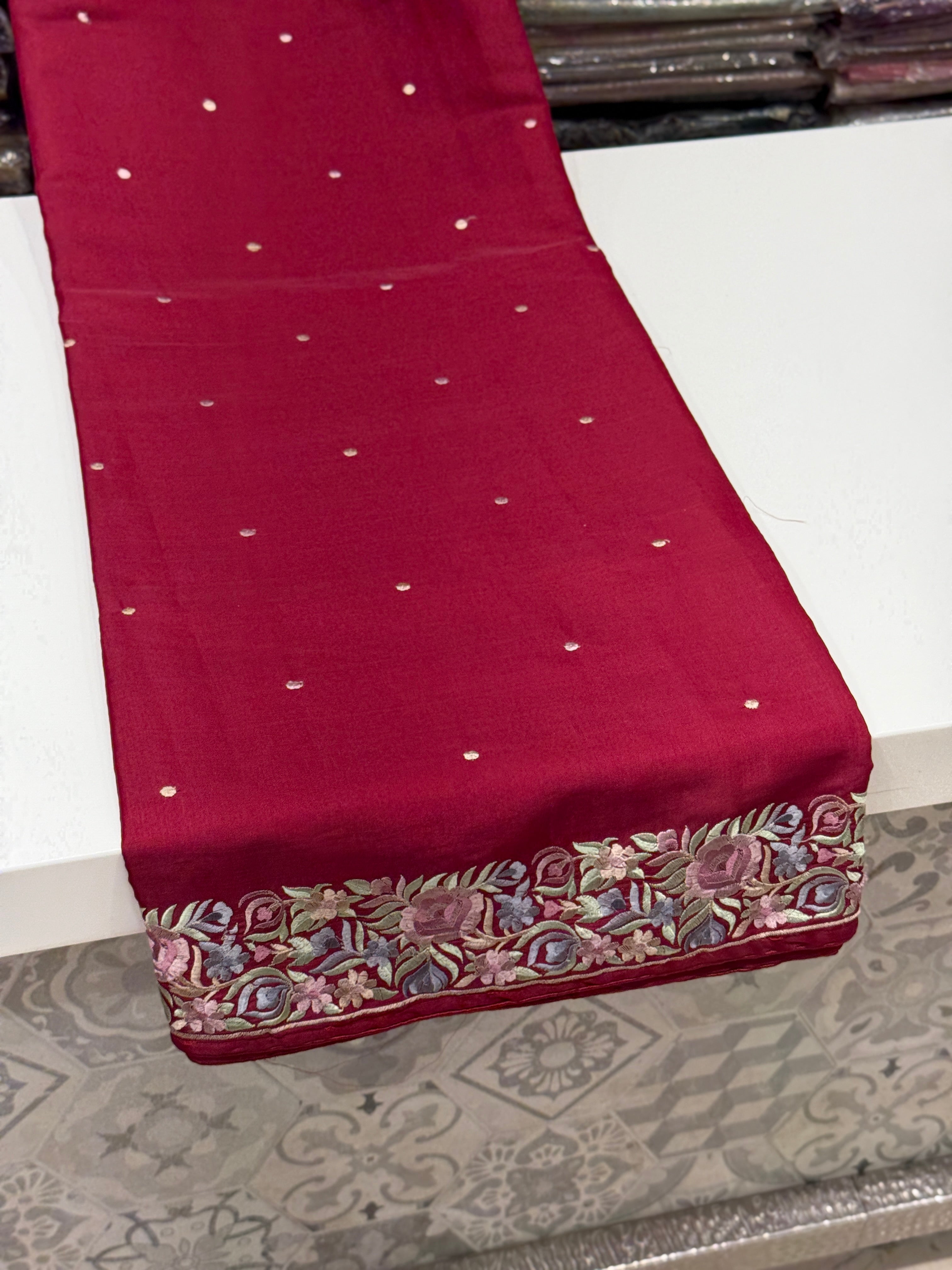 Maroon Silk Multi Colour Border Gara Border Saree