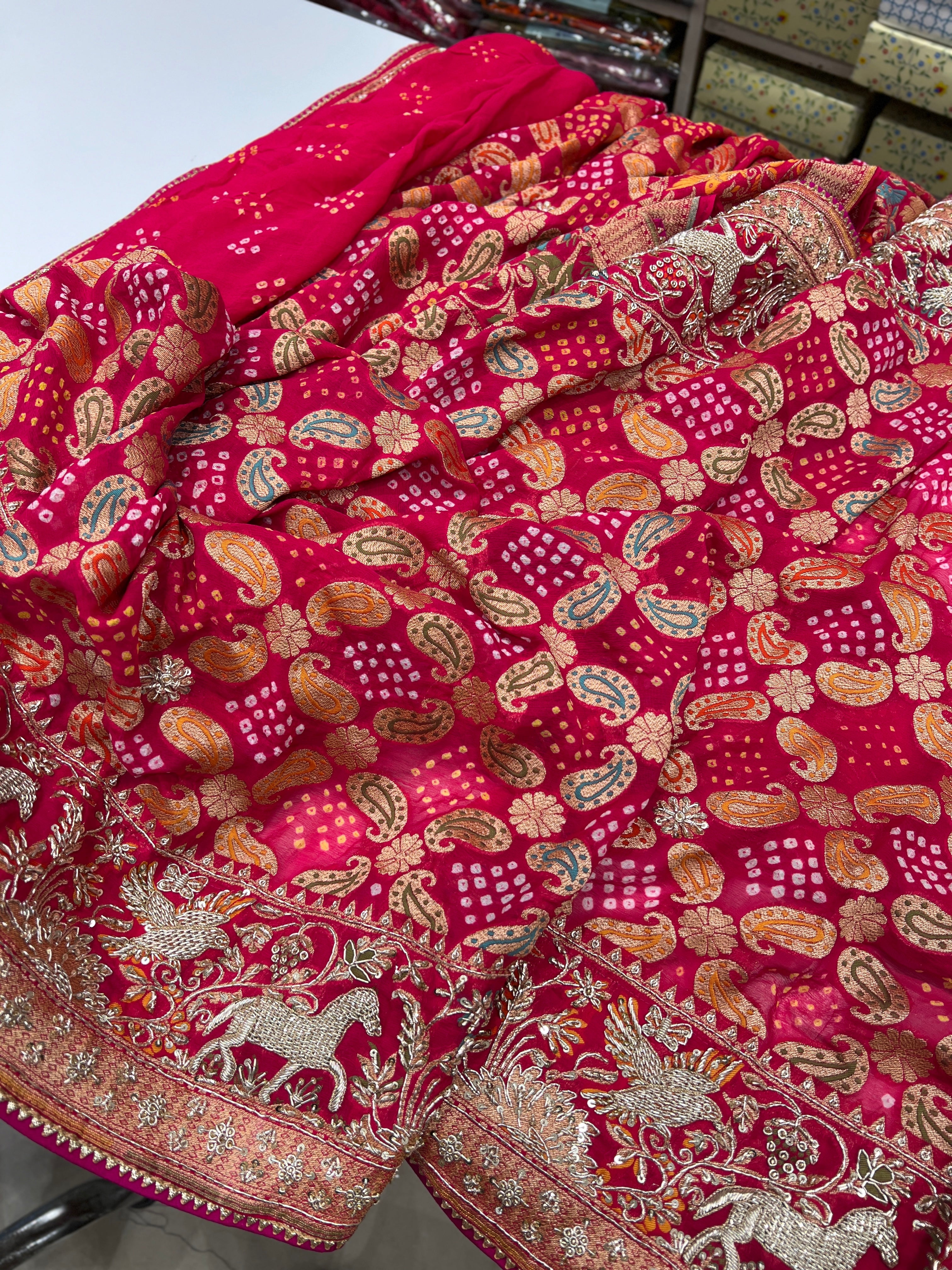 Pinkish Red Bandhej Meenakari Zardozi Saree