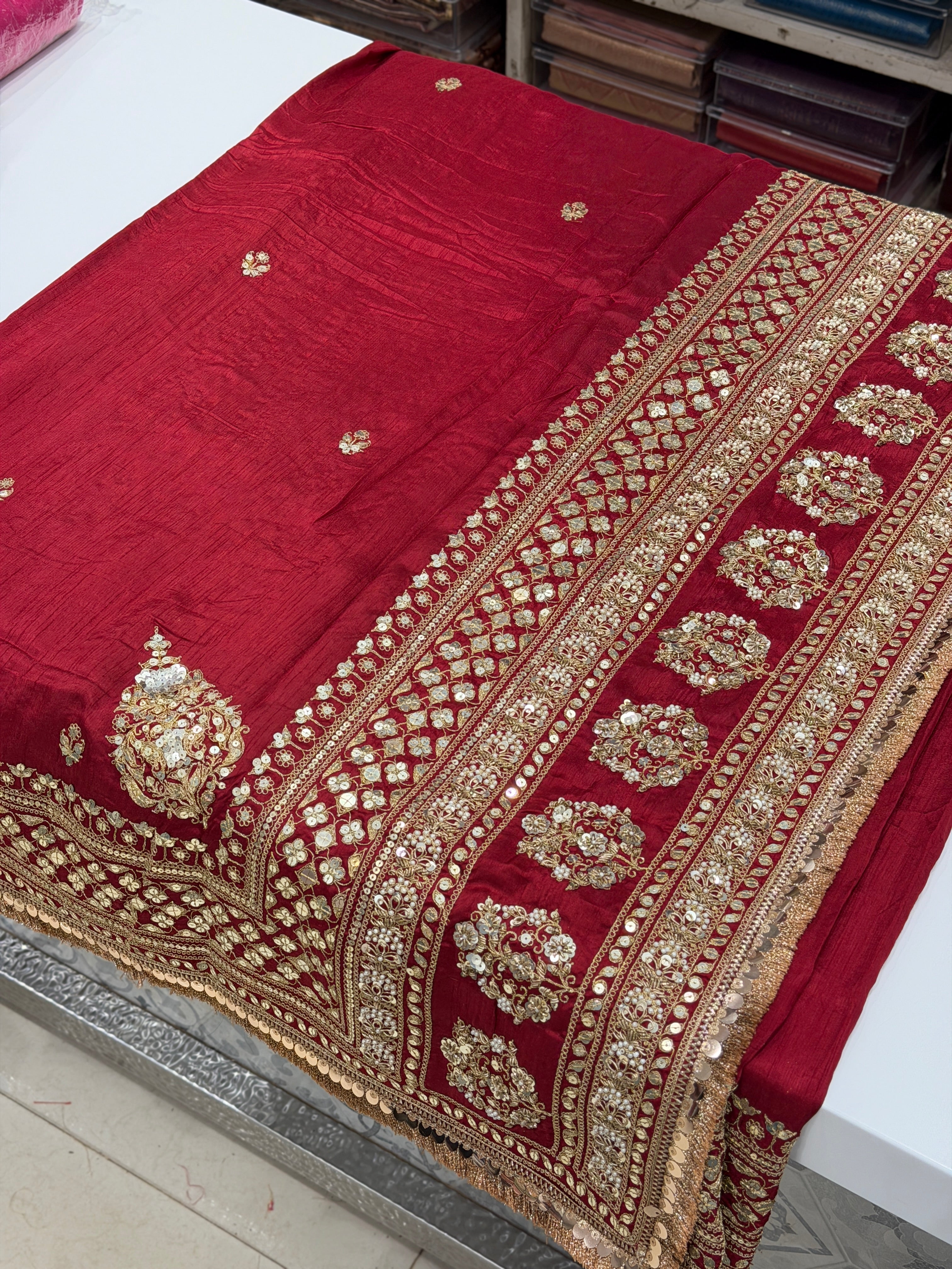 Maroon Marodi Embroidery Sabyasachi Inspired Pure Silk Butti Saree