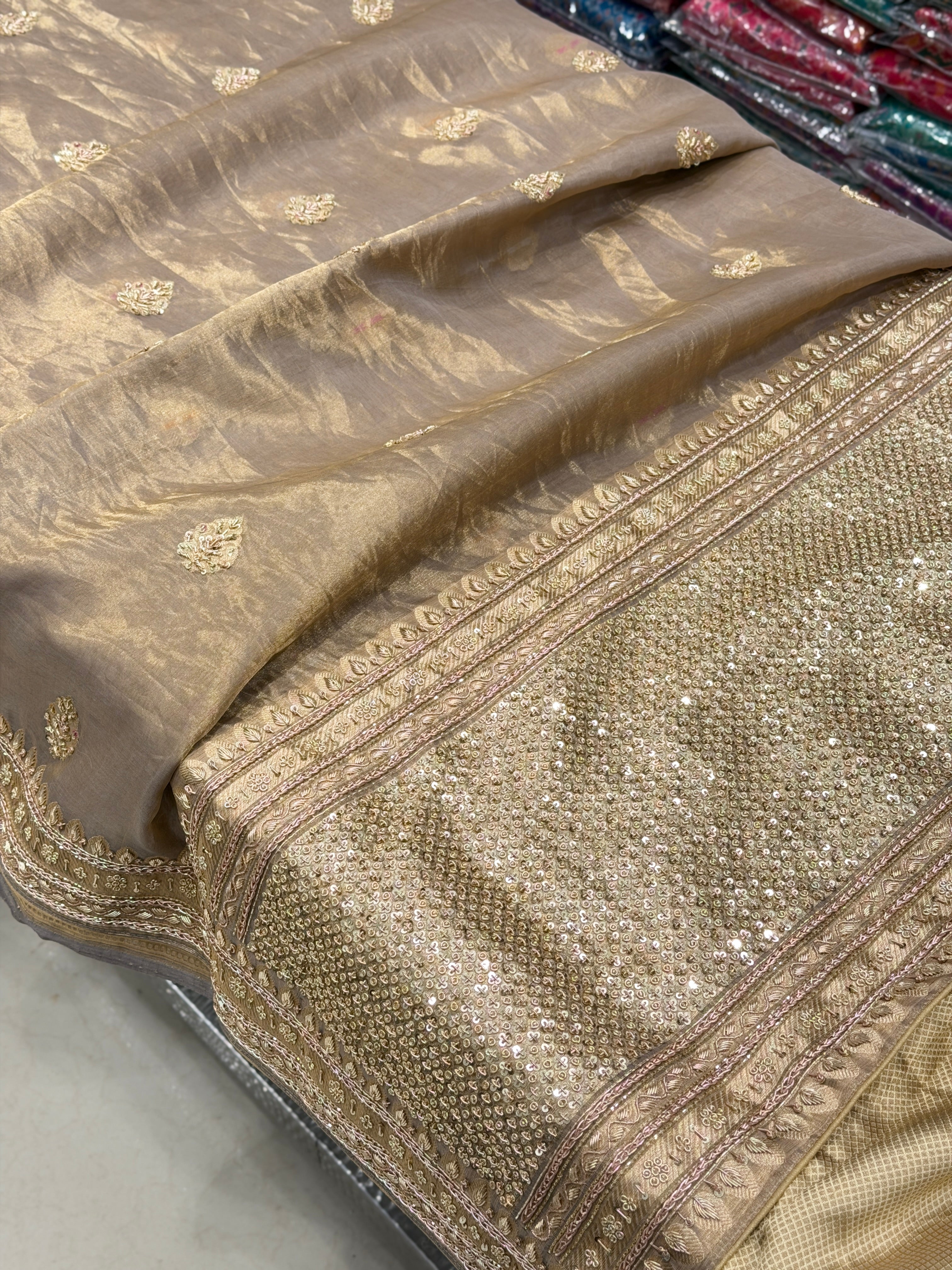 Champagne Meenakari Banarasi Tissue Handloom Kadwa Weave Zardosi Embroidery Saree