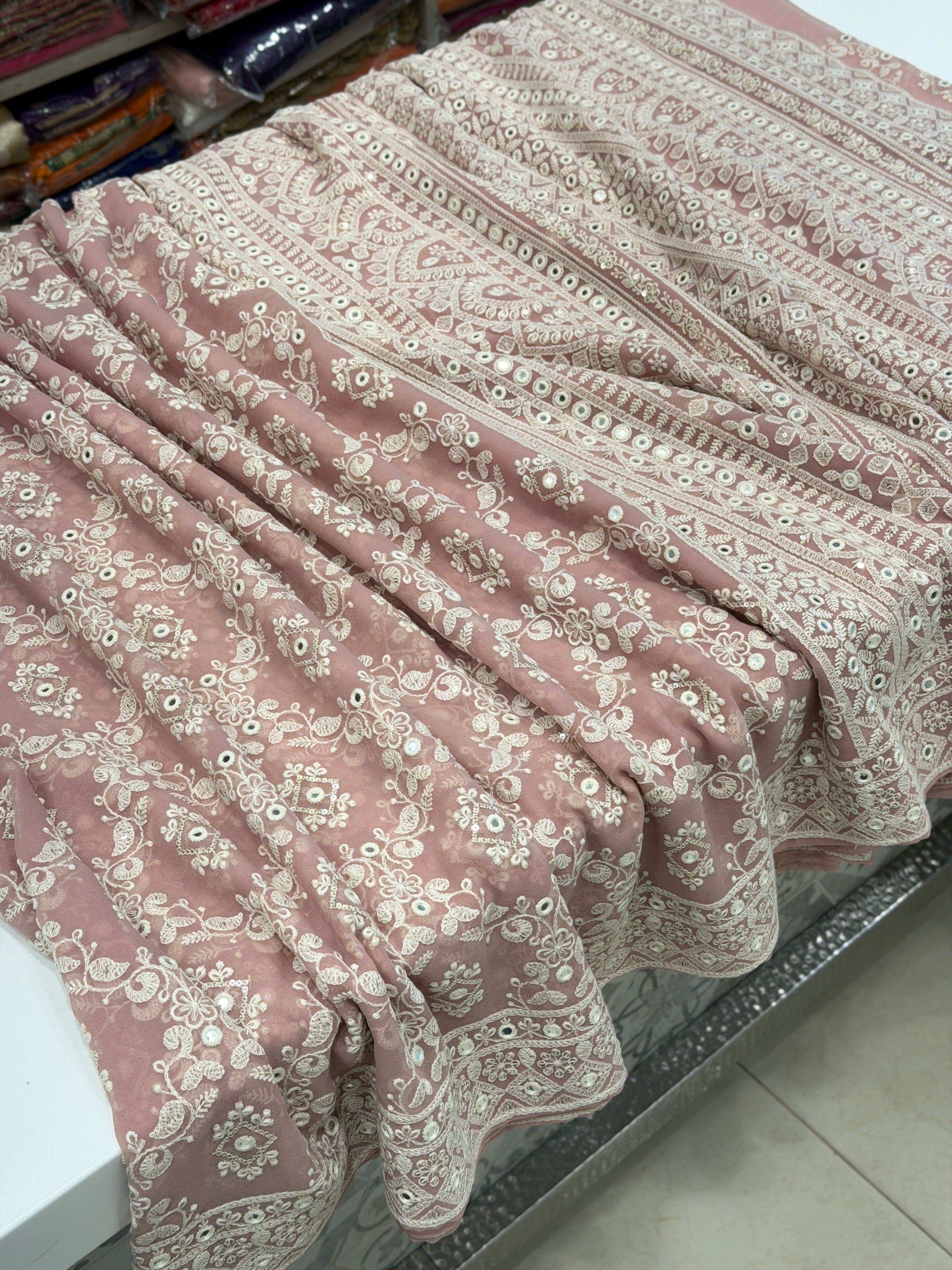 Blush Pink Georgette Chikankari Gota Mirror Resham Saree