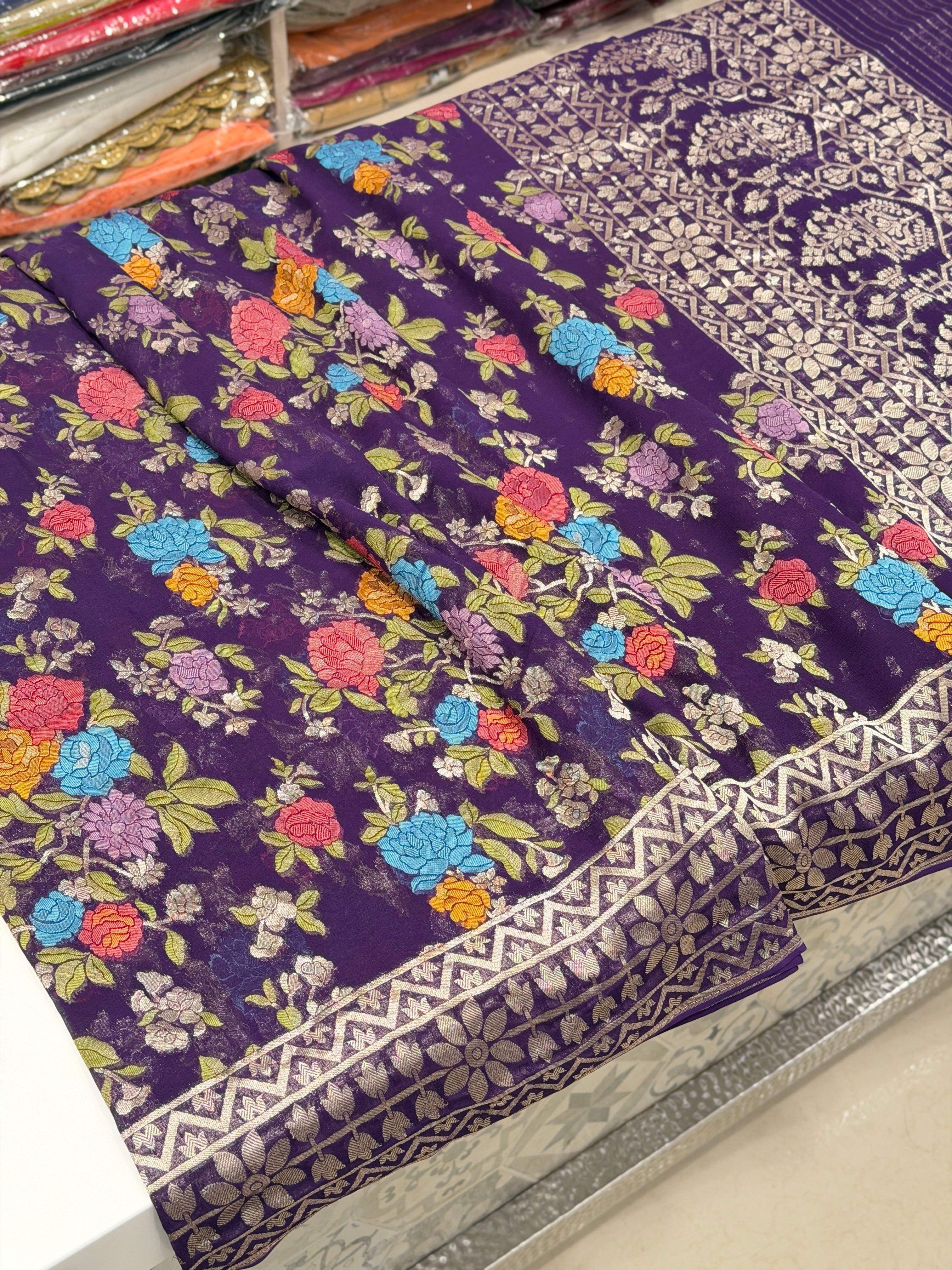 Violet Meenakari Floral Banarasi Khaddi Georgette Saree