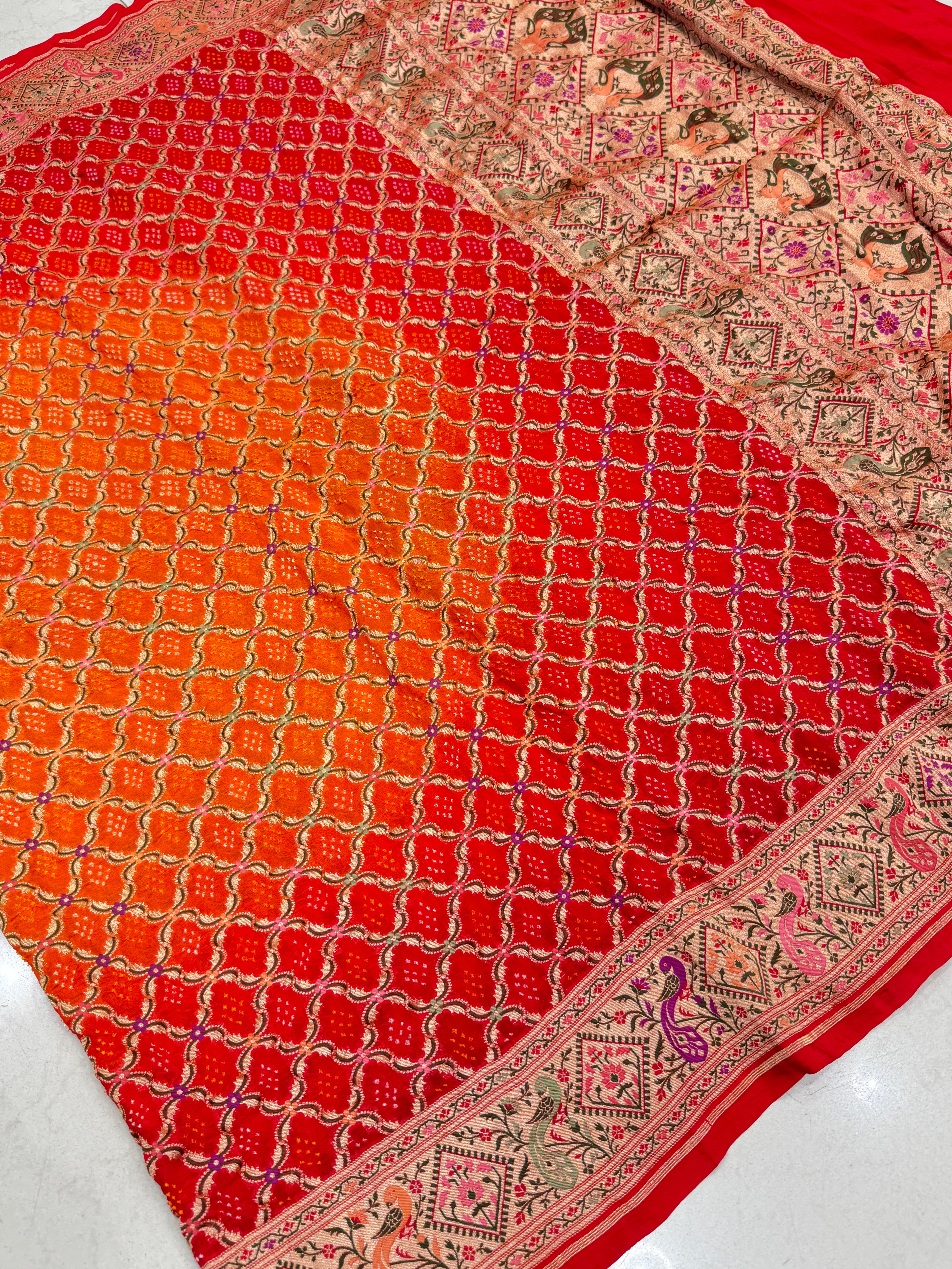 Shaded Orange Red Bandhej Meenakari Saree Rani Bandhej