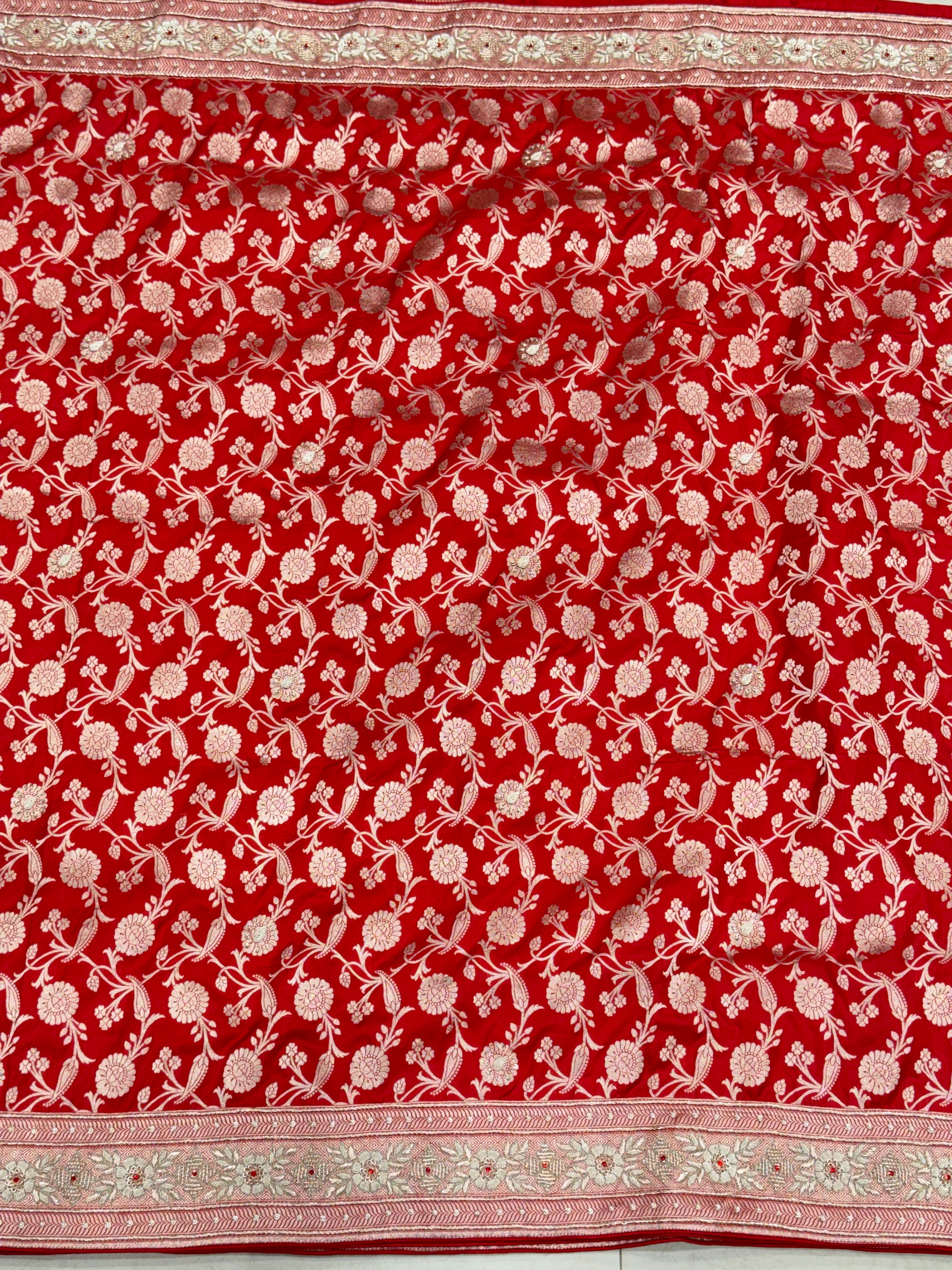 Red Jaal Handloom Banarasi Pure Katan Crystal Zardosi Embroidery Saree