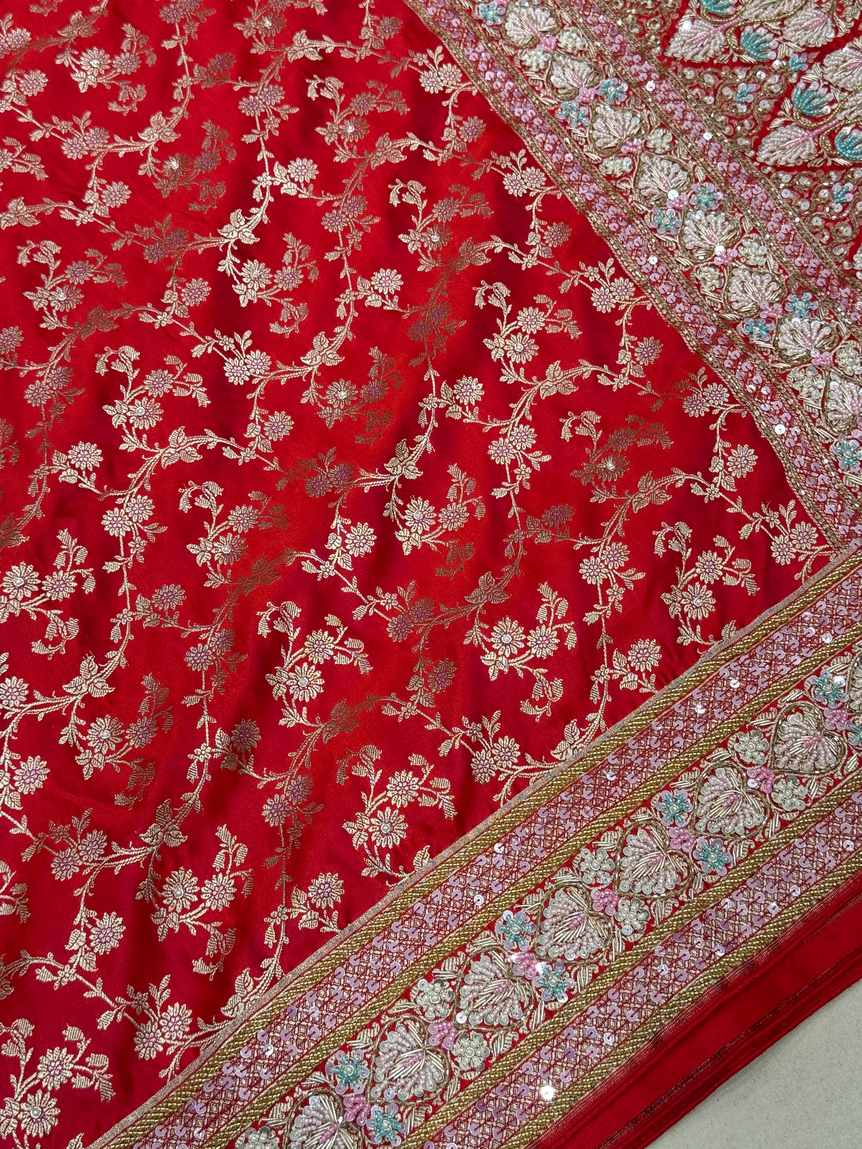 Red Banarasi Silk Heart Border Fancy Hand Embroidery Saree