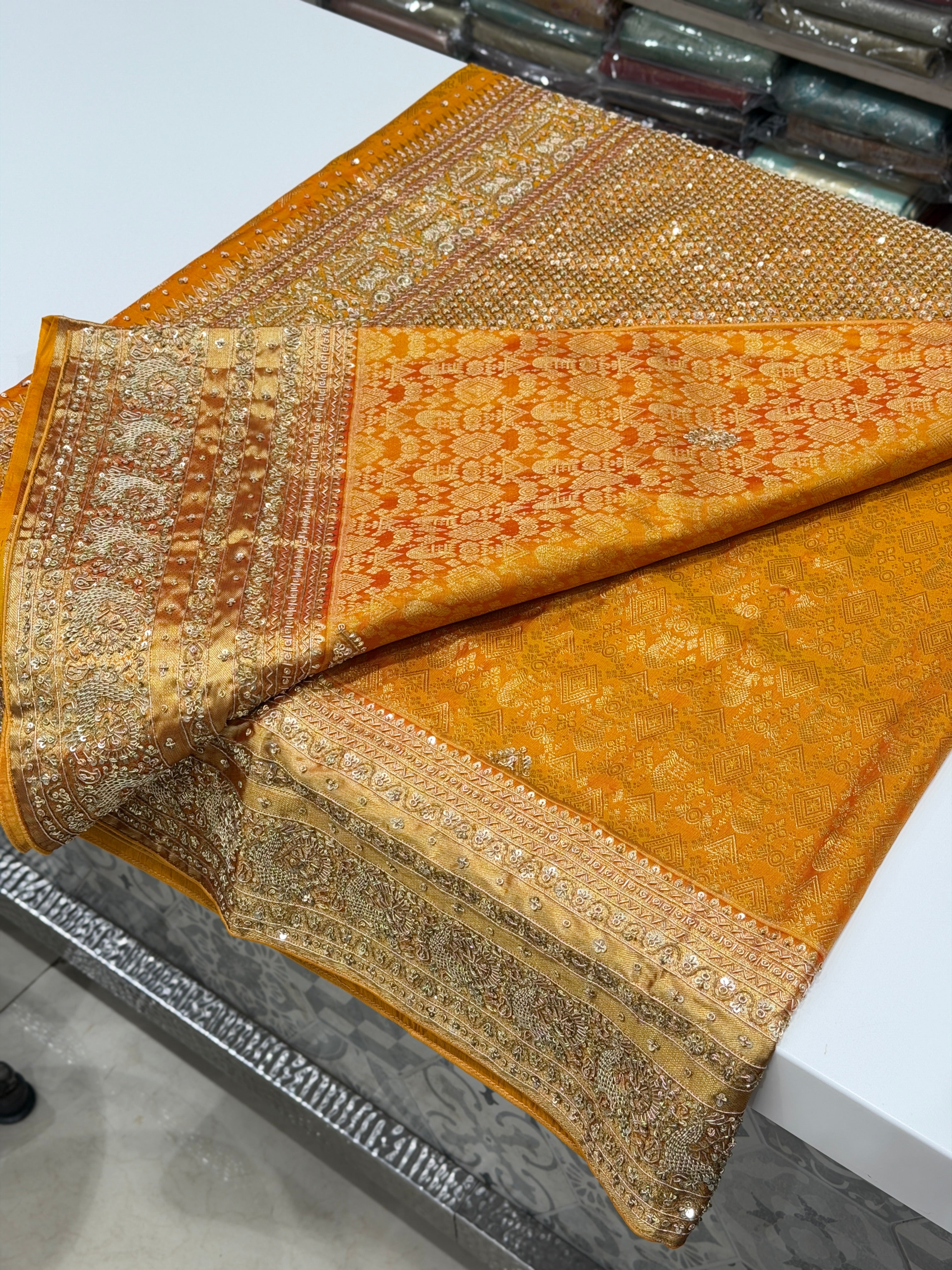 Mustard Yellow Kanjivaram Peacock Motif Hand Embroidery Zardosi Saree