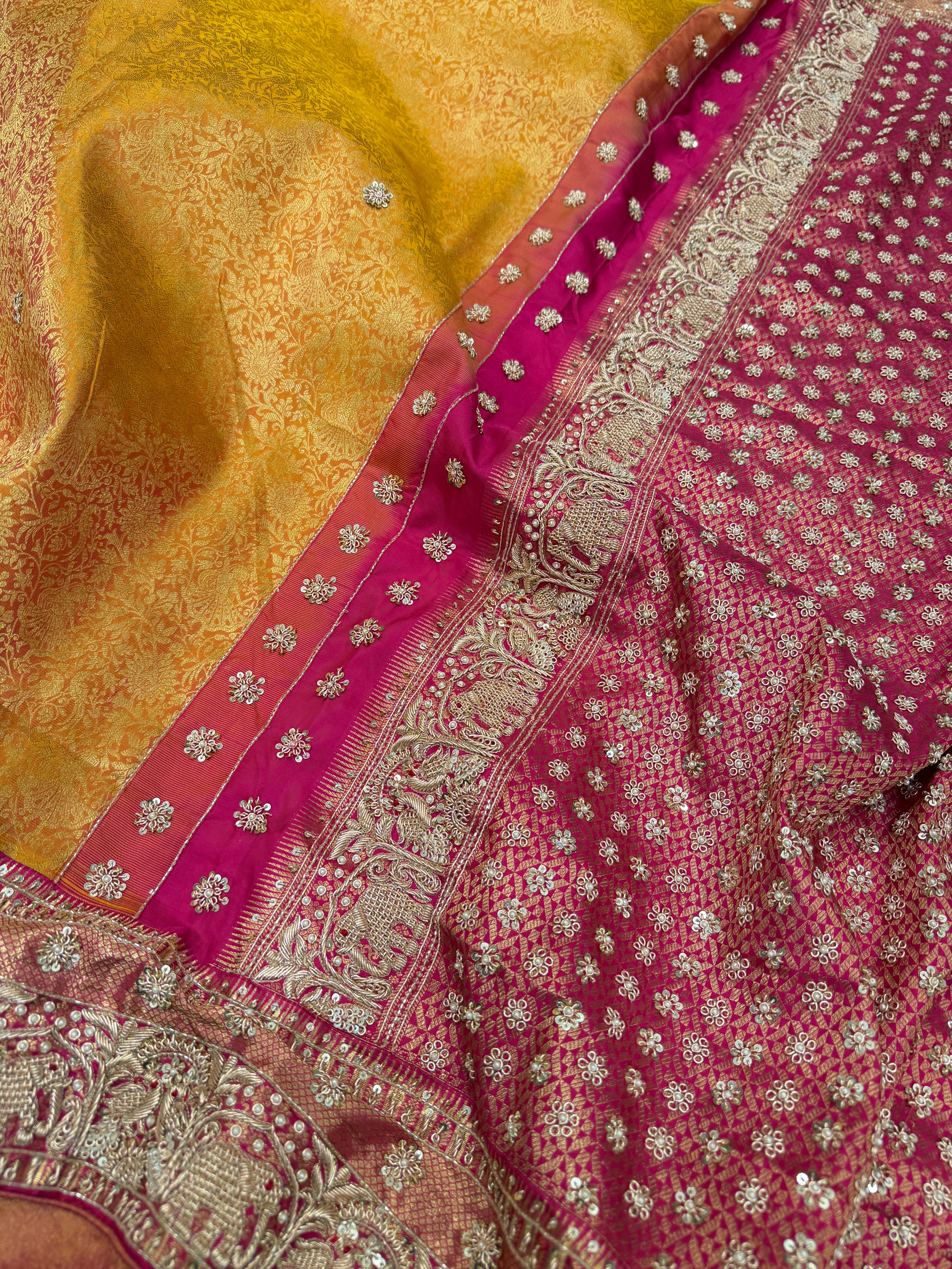 Mustard Yellow Kanjivaram Elephant Motifs Zardosi Hand Embroidery Saree
