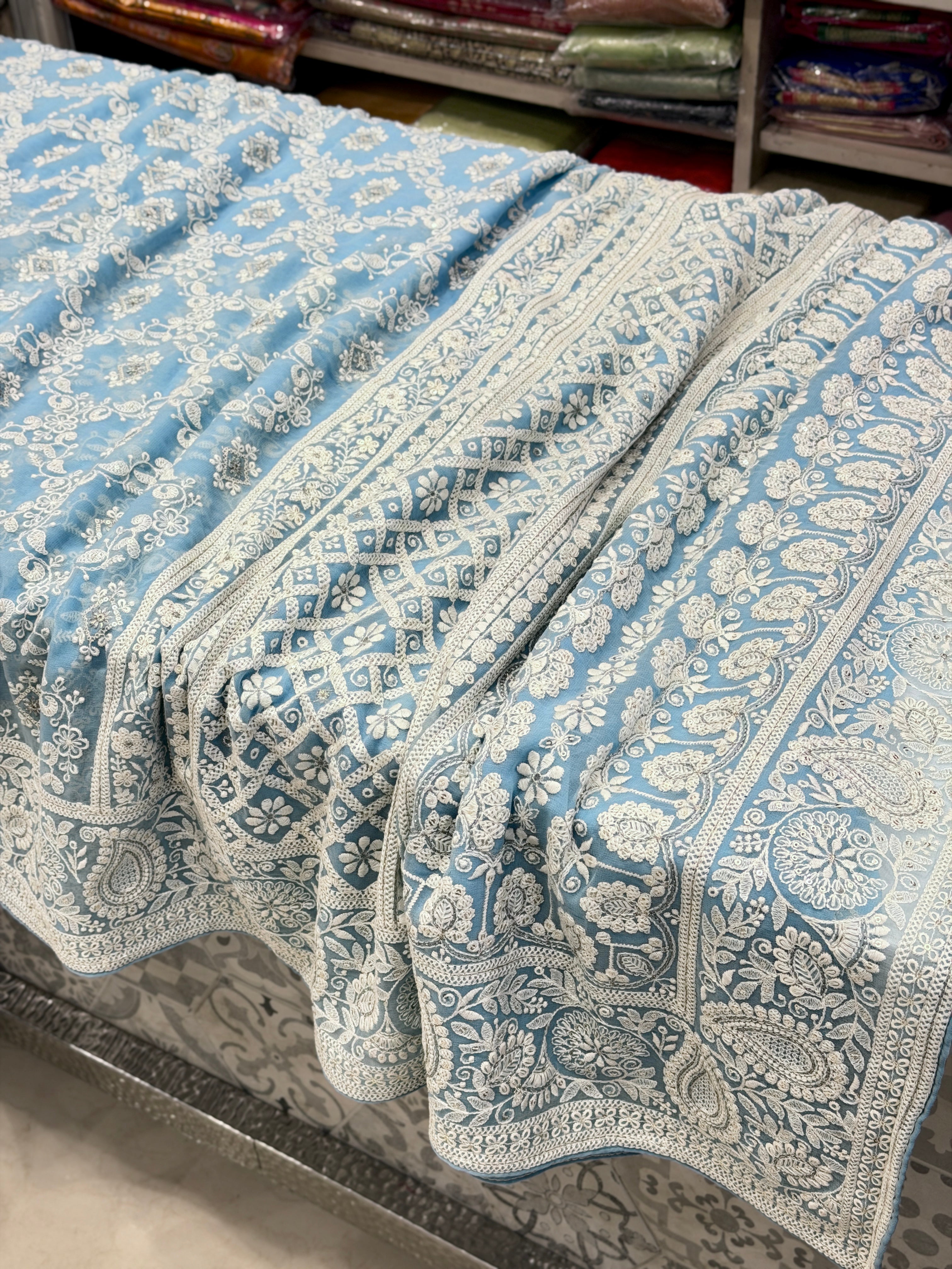 Light Blue Chikankari Georgette Cross Jaal Saree