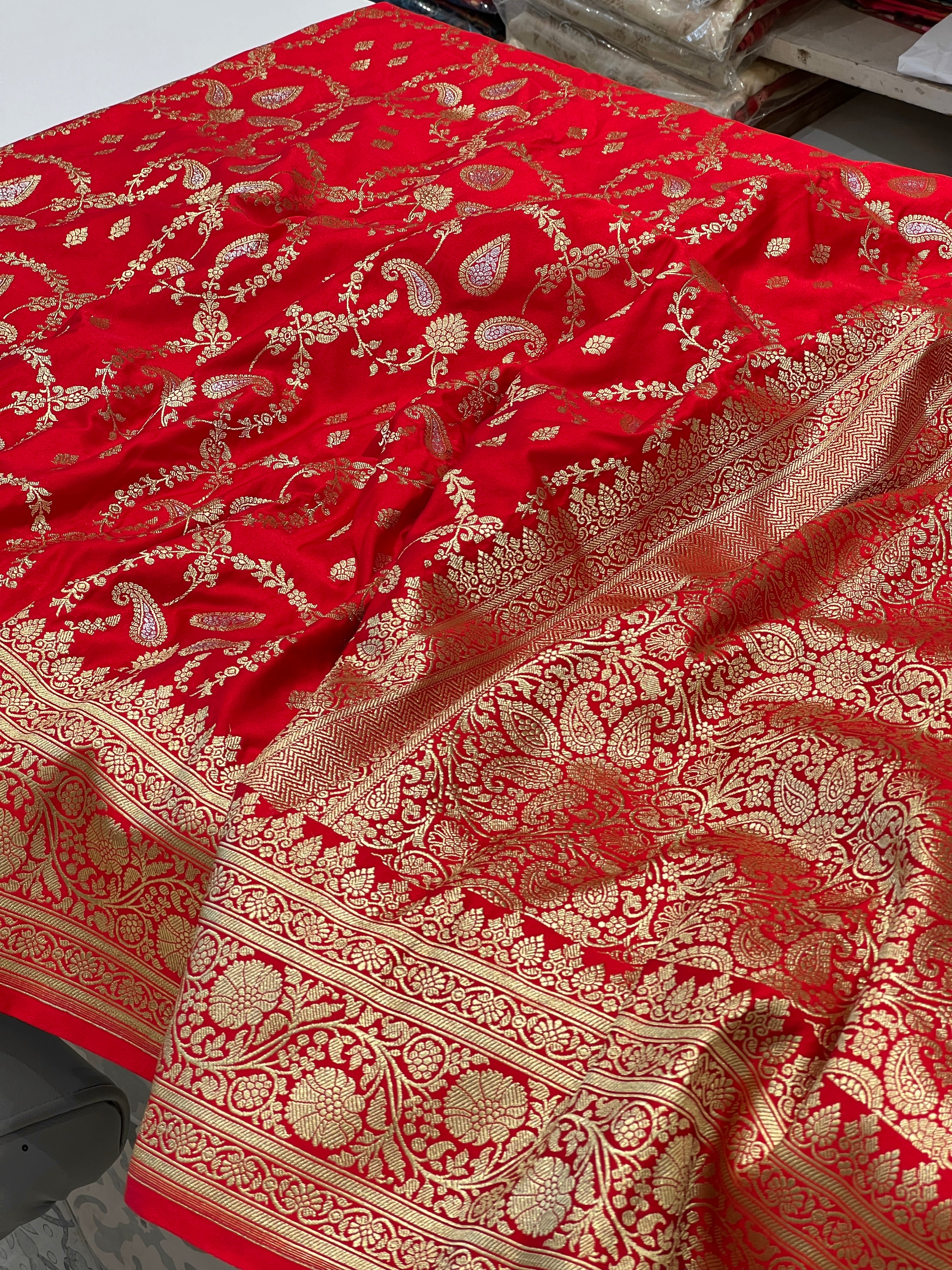 Red Banarasi Sliver Zari Butti Saree