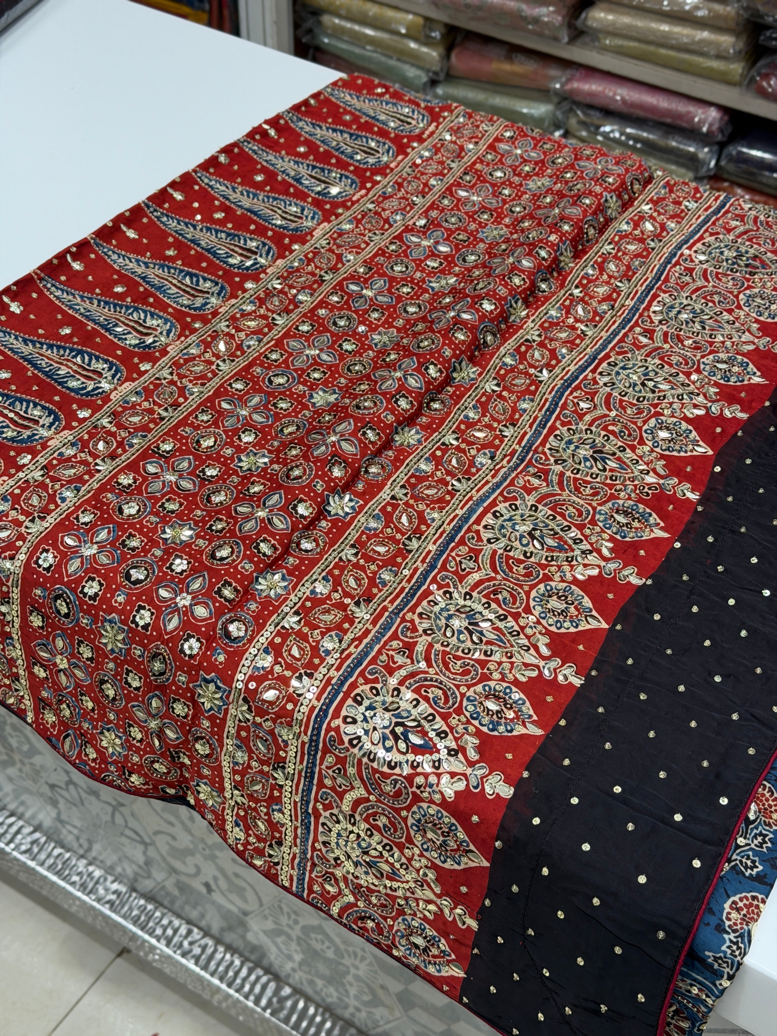 Blue Red Buttas Ajrakh Sequin Moti Hand Embroidery Saree